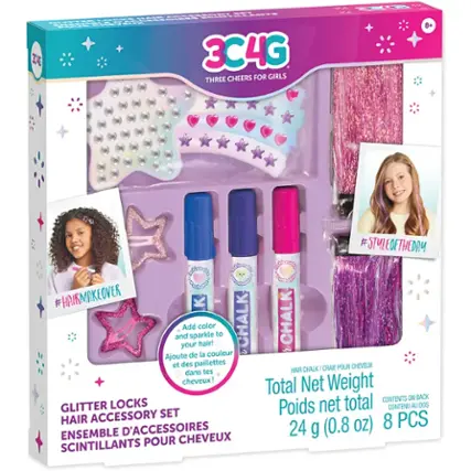 * EDERECIEN --- I - -R REEP L n CECICCEE 30E 3C4G THREE CHEERS FOR GIRLS VA  V 8+ #STYLEOFTHEDAY    eeatitm COADTD CeCAEtoe #HAIRMAKEOVER and Add sparkle color hair! to CHALK CHALK your de la couleur 2 Ajoute et des paillettes CRAIE POUR CHEVEUX HAR CHALK I dans tes cheveux! Net Weight Total CONTENTS ON BACK GLITTER LOCKS Poids net total CONTENU AU DOS ACCESSORY SET HAIR D'ACCESSOIRES 24 (0.8 oz) 8 PCS ENSEMBLE CHEVEUX g SCINTILLANTS POUR
