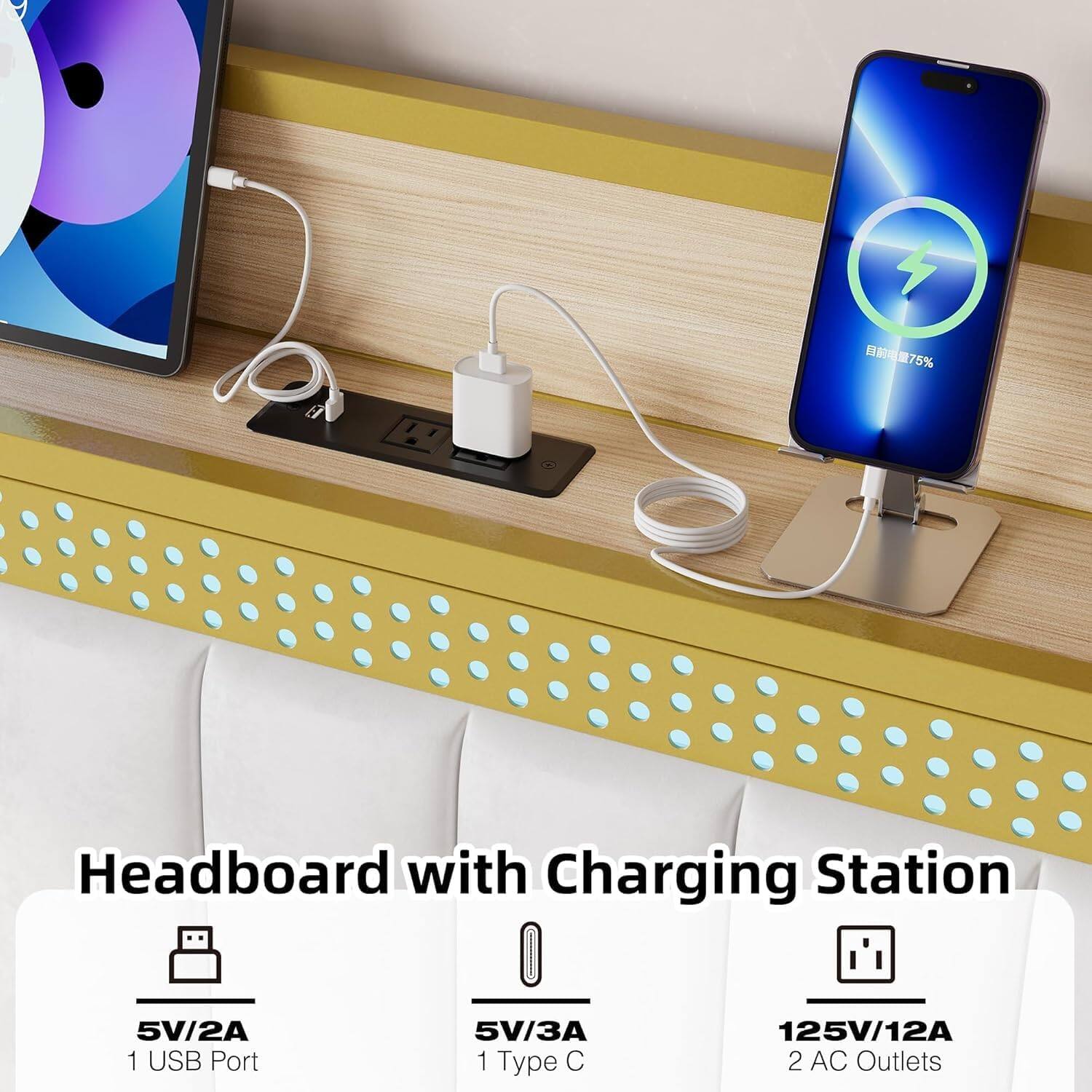 Headboard with Charging Station

- 5V/2A 1 USB Port
- 5V/3A 1 Type C
- 125V/12A 2 AC Outlets