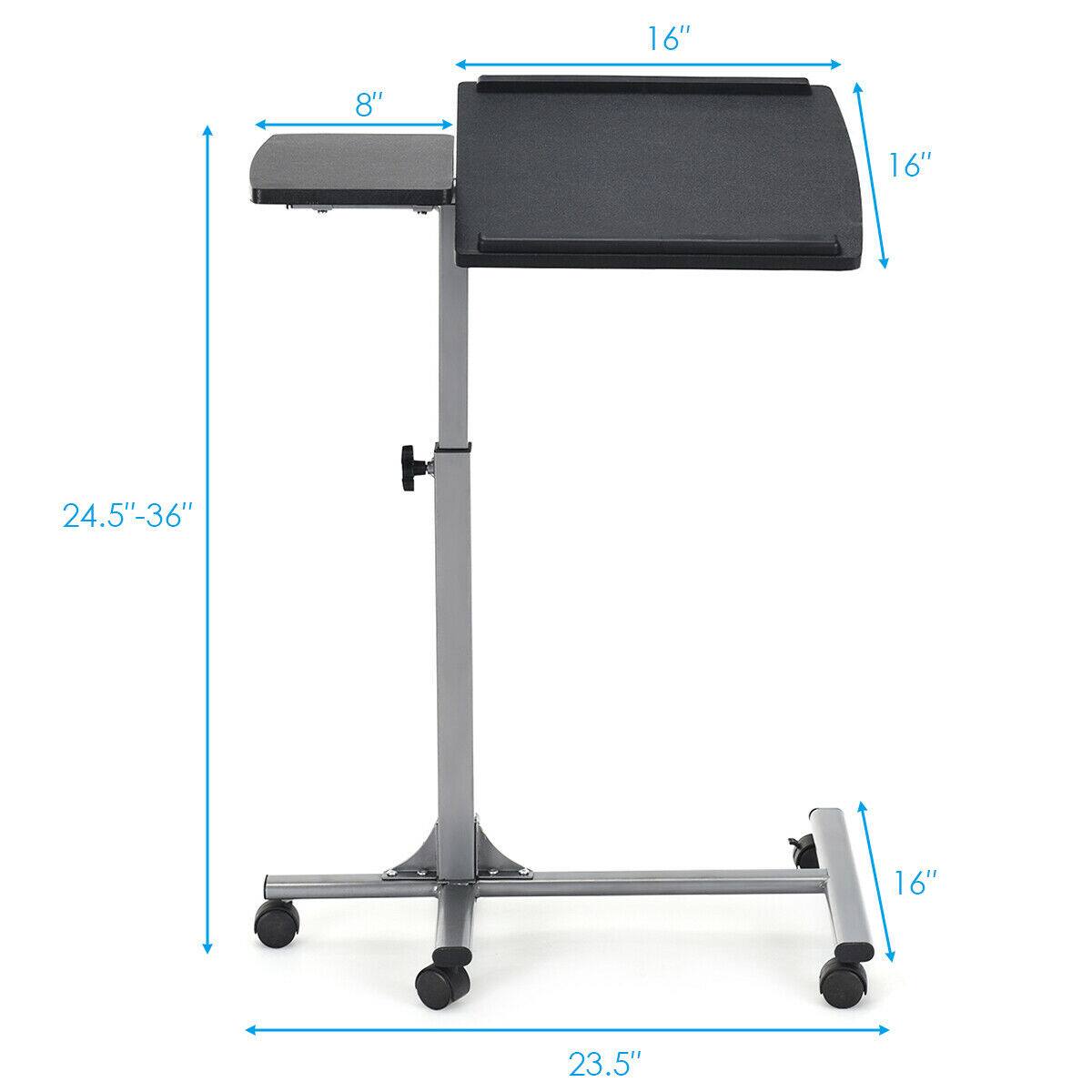 The image shows a black table with a black stand. The table is 16 inches tall, and the stand is 16 inches tall. The table is 24.5 inches to 36 inches in length.