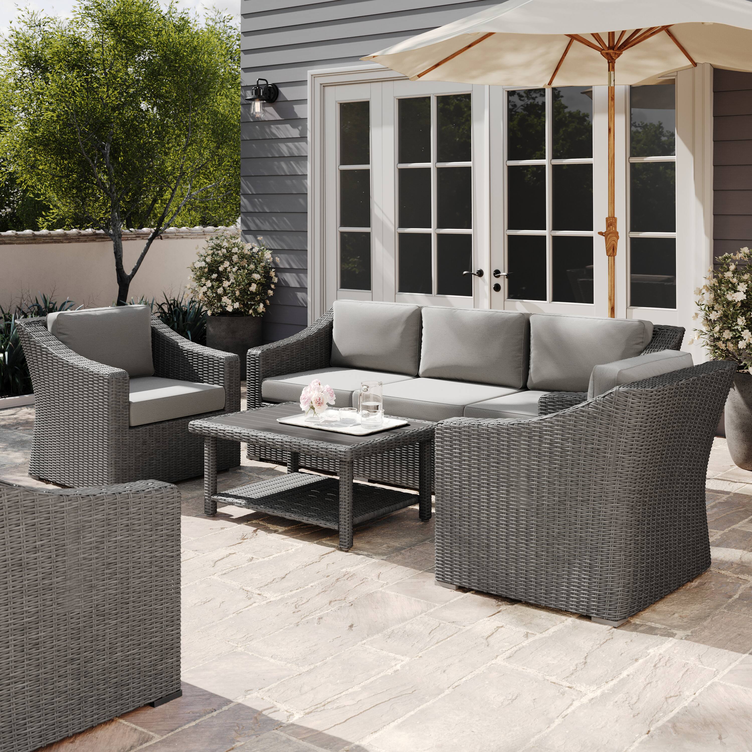 Alt View 4. Martha Stewart - Bedford 4pc Outdoor Rattan Wicker Patio Conversation Set with All-Weather Cushions - Gray Cushions/Gray Frame.
