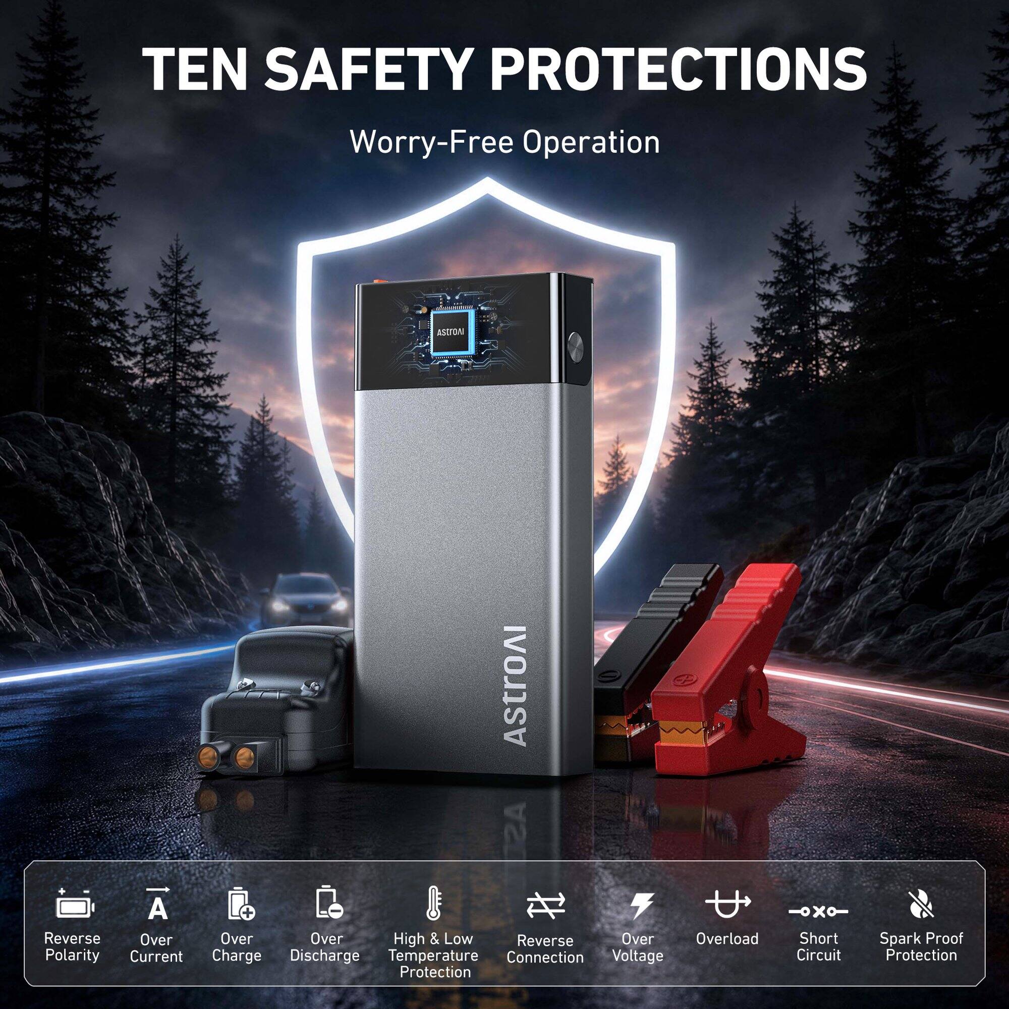 TEN SAFETY PROTECTIONS  
Worry-Free Operation

ASTION  
AstroAl +  

1. Reverse Polarity  
2. Over Current  
3. Over Charge  
4. Over Discharge  
5. High & Low Temperature Protection  
6. Reverse Connection  
7. Over Voltage  
8. Overload  
9. Short Circuit  
10. Spark Proof Protection