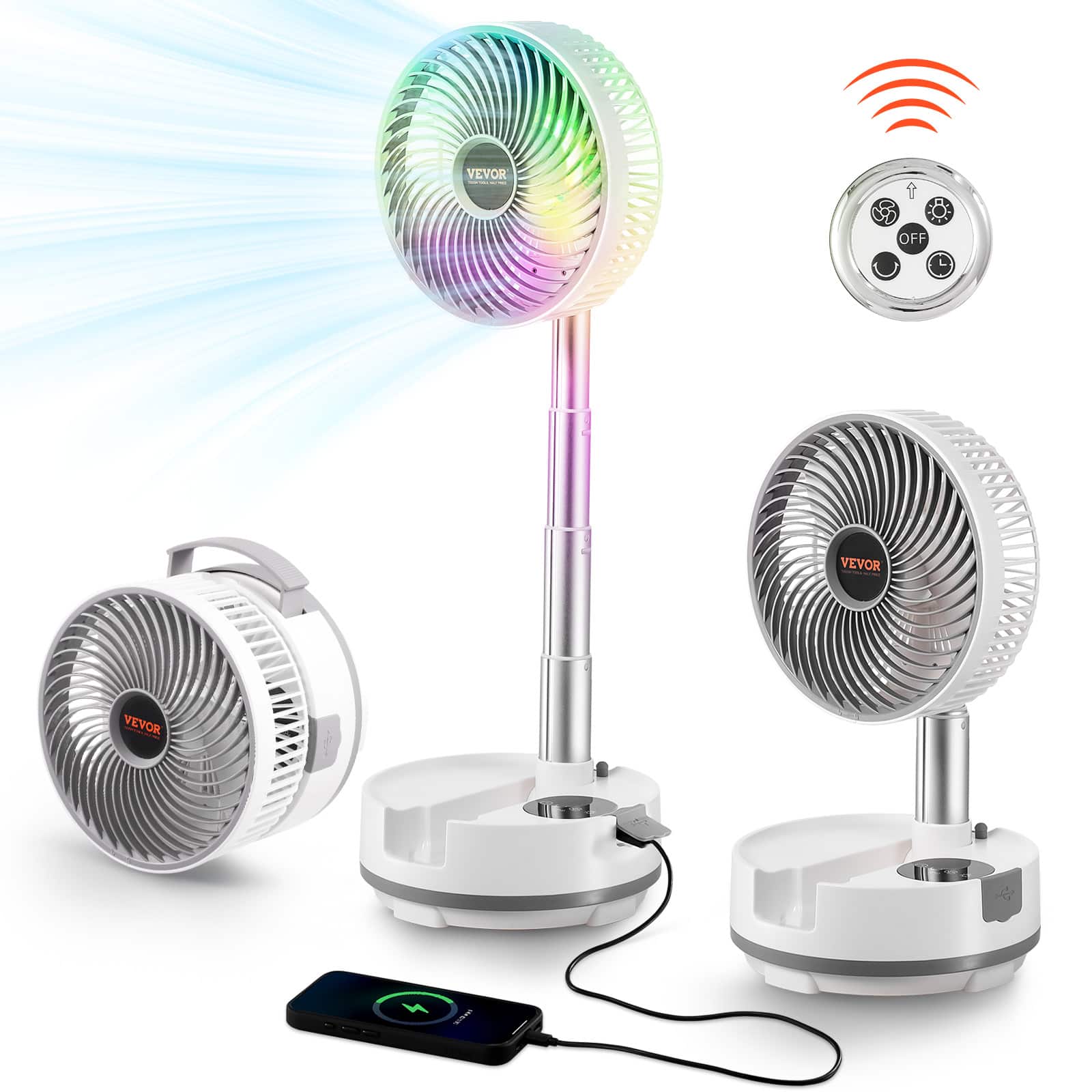 VEVOR - 8 inch Portable Foldable Rechargeable Oscillating Fan,3-in-1 Battery Operated,Remote Control,Quiet Desk Pedestal Fan - White