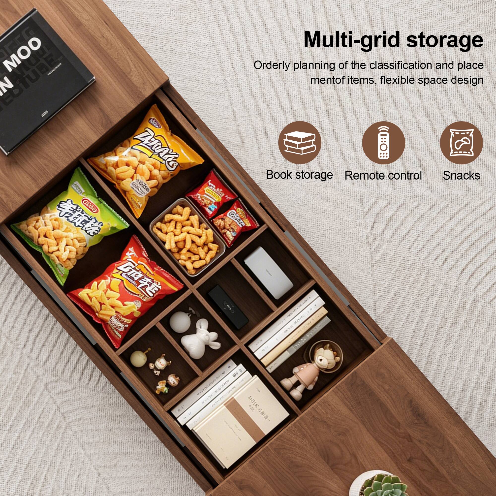 Multi-grid storage MOO - Orderly planning of the classification and placement of items, flexible space design

Book storage
Remote control
Snacks