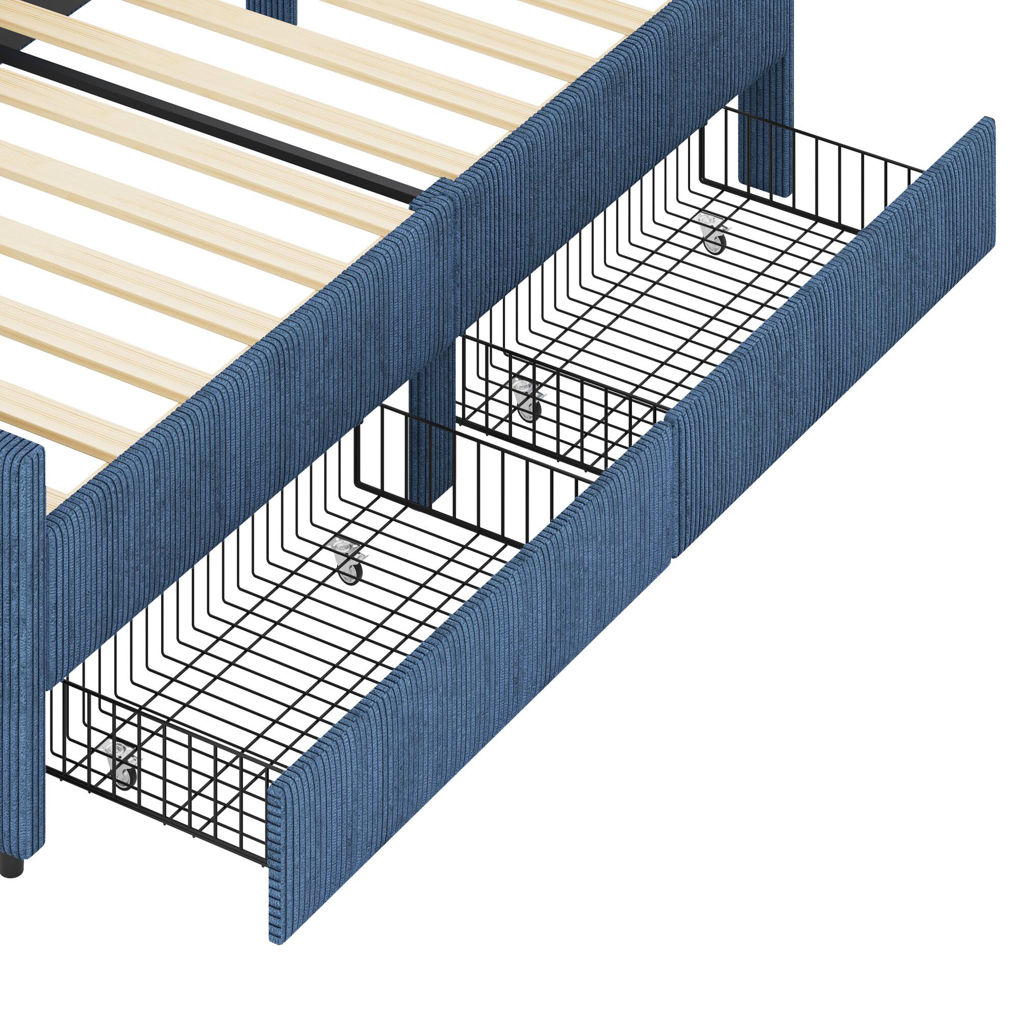 Alt View 10. GOODSILO - Twin Size L-Shaped Upholstered Daybed with Storage Drawers, Corduroy Fabric, Beige Finish - Blue.