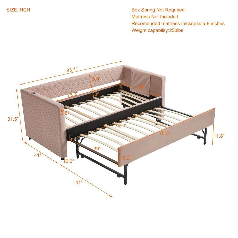 SIZE: INCH  
Box Spring Not Required  
Mattress Not Included  
Recommended mattress thickness: 5-8 inches  
Weight capacity: 250lbs  

83.1"  
75.3"  
9.9"  
8"  
39"  
31.5"  
3.95"  
74.1"  
75.3"  
11.8"  
41"  
2.0"  
39"  
10.2"  
41"