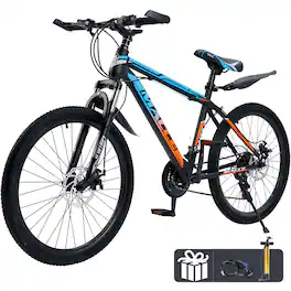Topteng - 29" Mountain Bike for Adults - 21 Speed with Dual Disc Brakes, Front Suspension, High Carbon Steel Frame, Orange - Blue