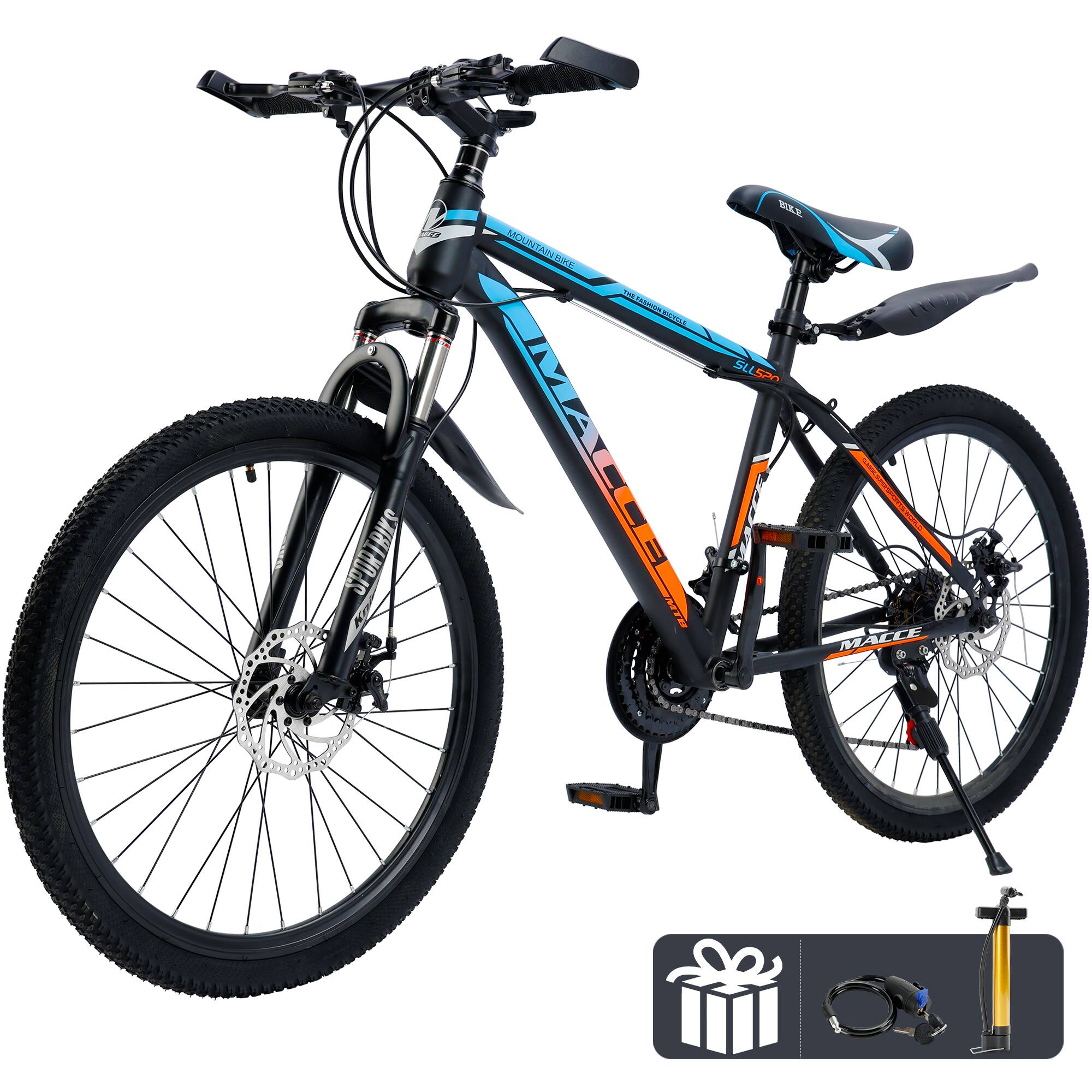 Topteng - 29" Mountain Bike for Adults - 21 Speed with Dual Disc Brakes, Front Suspension, High Carbon Steel Frame, Orange - Blue