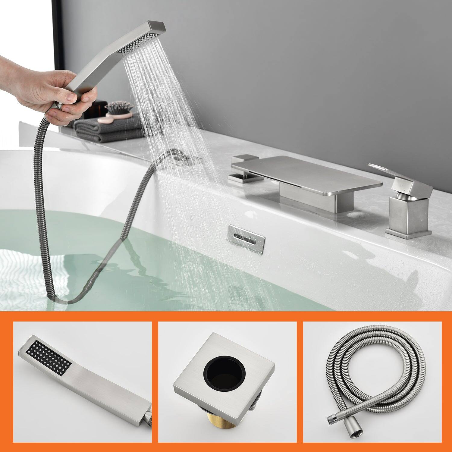 Alt View 4. Boyel Living - 11.2 in.W Brushed Nickel Rectangle Bathtub Faucet Hot Cold Control Waterfall Spout Handheld Shower High Capacity - Brushed Nickel.