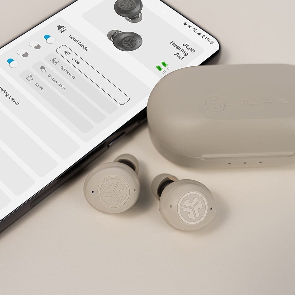 The text on the image reads: "Loud Level Loud Mode Loud Restaurant Quiet Conversation + o 21% Hearing JLab Aid L R U A."