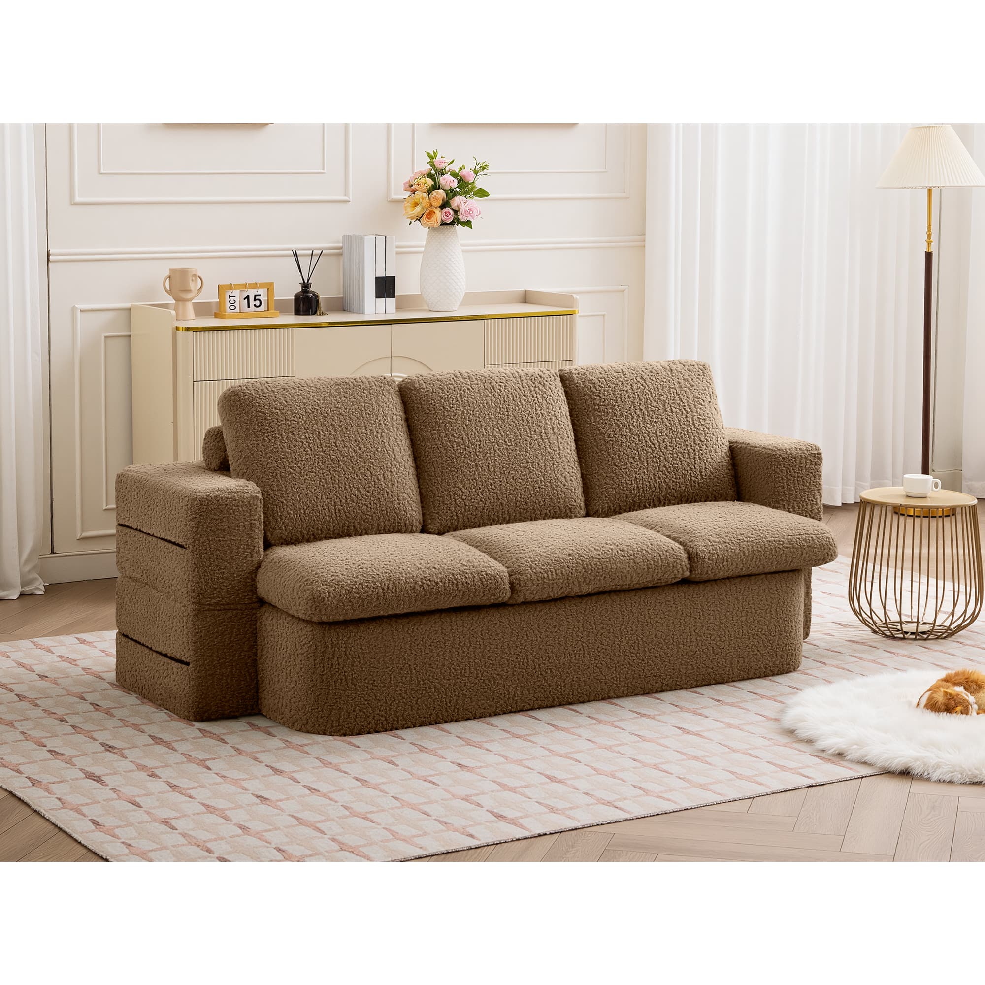 Brick Attic - 80" Convertible Folding Sofa Bed with Teddy Fabric, No Assembly Needed - Brown