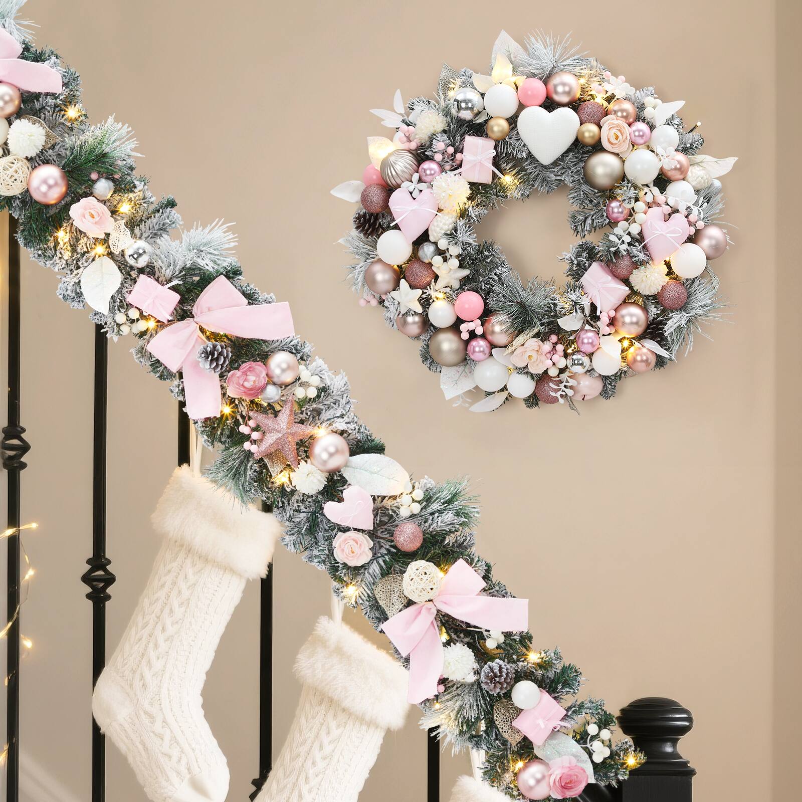 Angle. Acekool - 24 Inch Prelit Christmas Wreath Artificial Xmas Wreath with 20 Led Lights Heart and Gift Box Ornaments for Front Door - Pink.