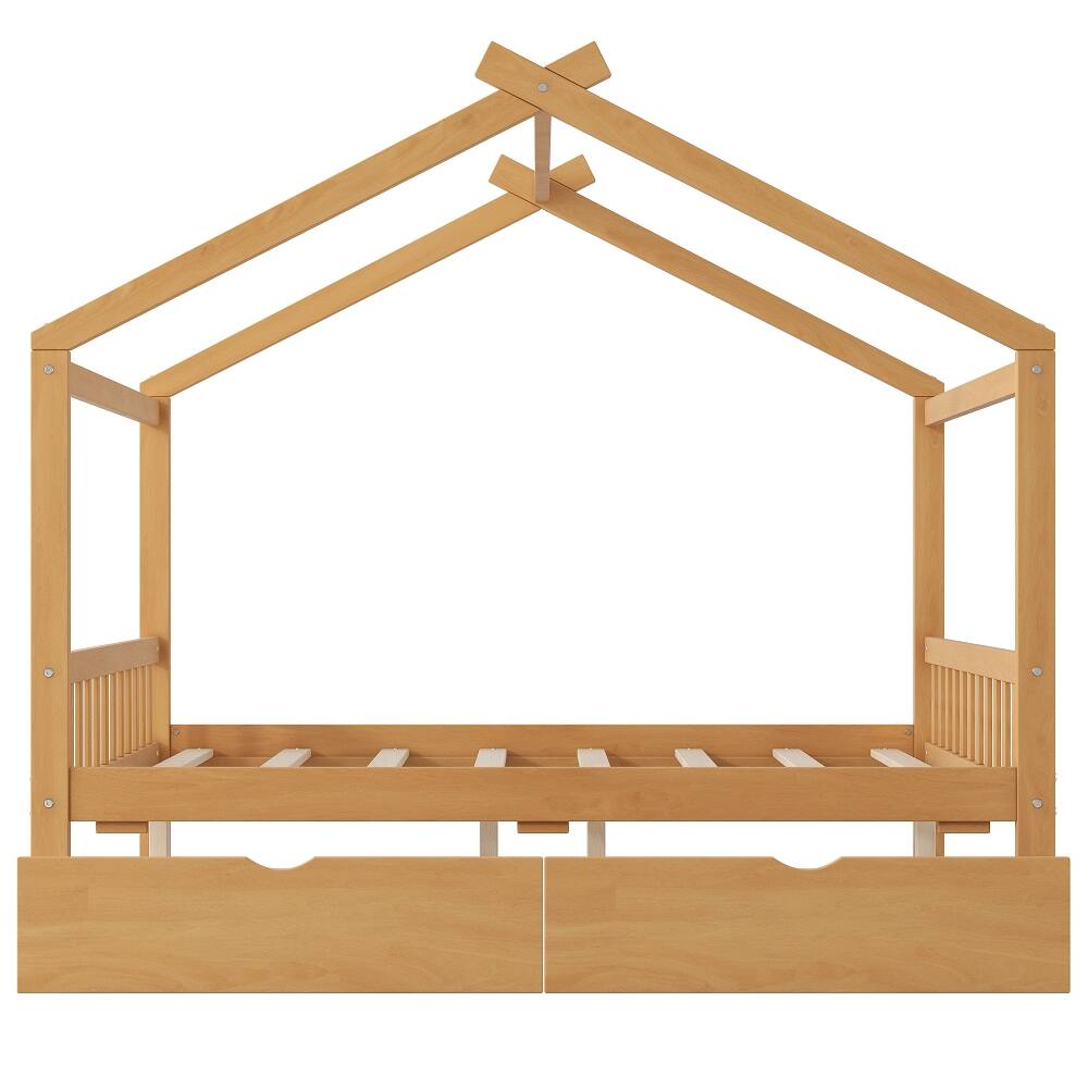 Alt View 6. Loheer - Loheer Full Size House Bed with Drawers, Natural Pine Wood Platform Frame - Natural.