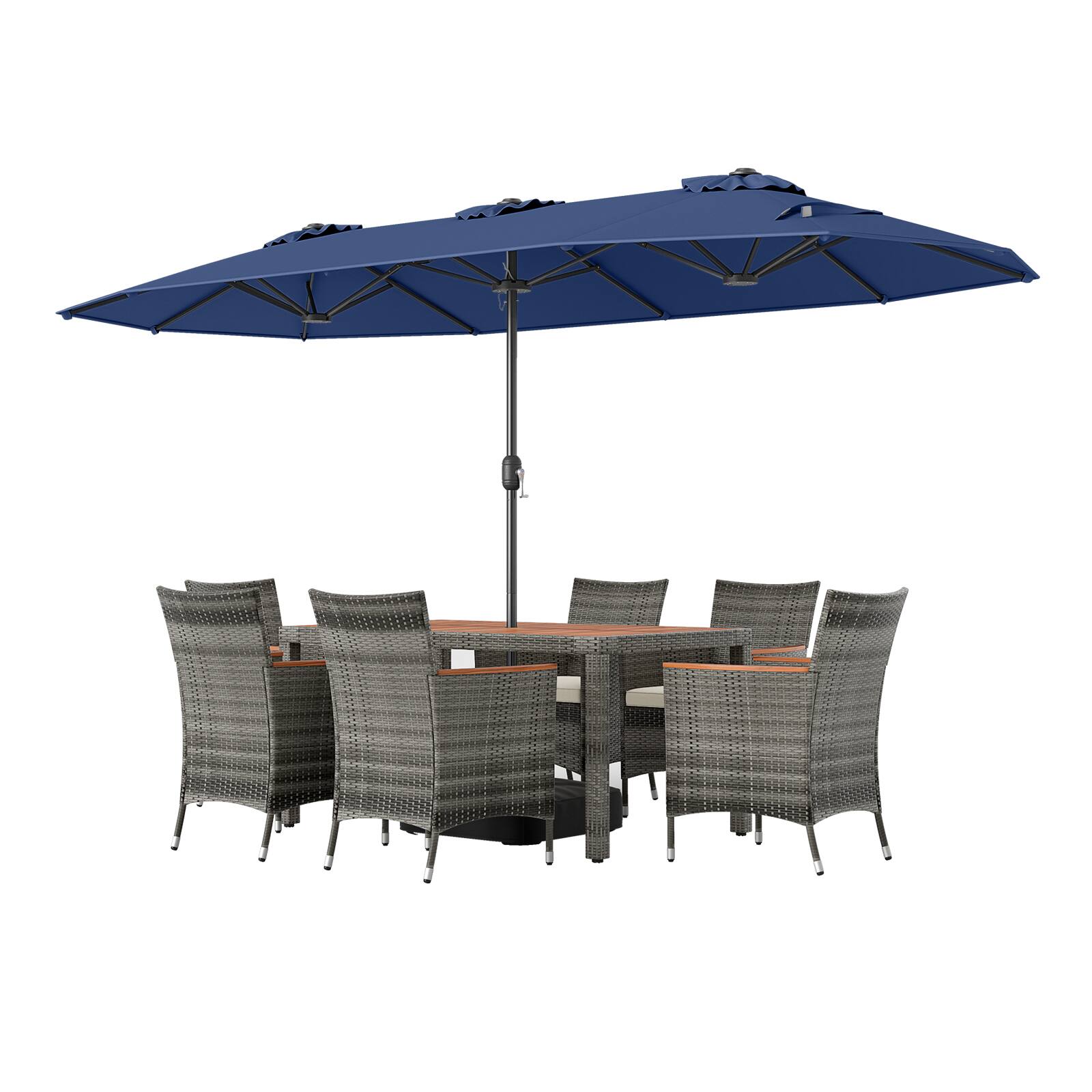 Alt View 6. Gymax - Gymax 8-Piece Patio Dining Set w/ Double-Sided Market Umbrella Acacia Wood Top Navy - Blue.
