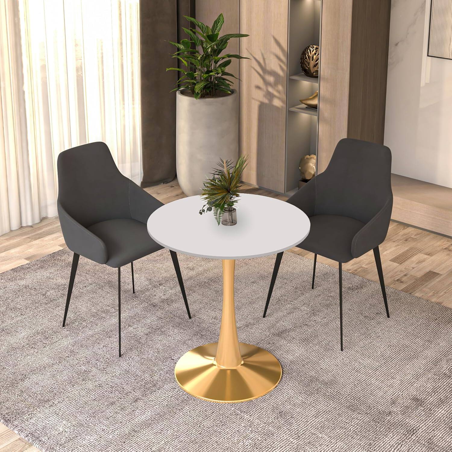 Angle. LeisureMod - Bristol 27" Round Sintered Stone or MDF Dining Table, Modern Pedestal Base - Heavy Duty Steel Kitchen Table - MDF - White.