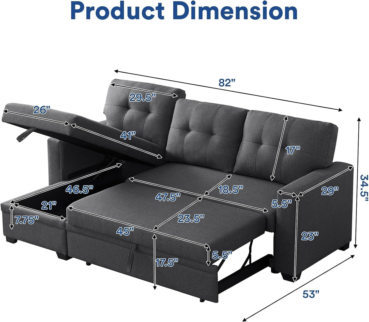 Product Dimension

- 82"
- 41"
- 29.5"
- 26"
- 46.5"
- 21"
- 7.75"
- 45"
- 18.5"
- 47.5"
- 23.5"
- 29"
- 5.5"
- 23"
- 34.5"
- 17.5"
- 5.5"
- 53"