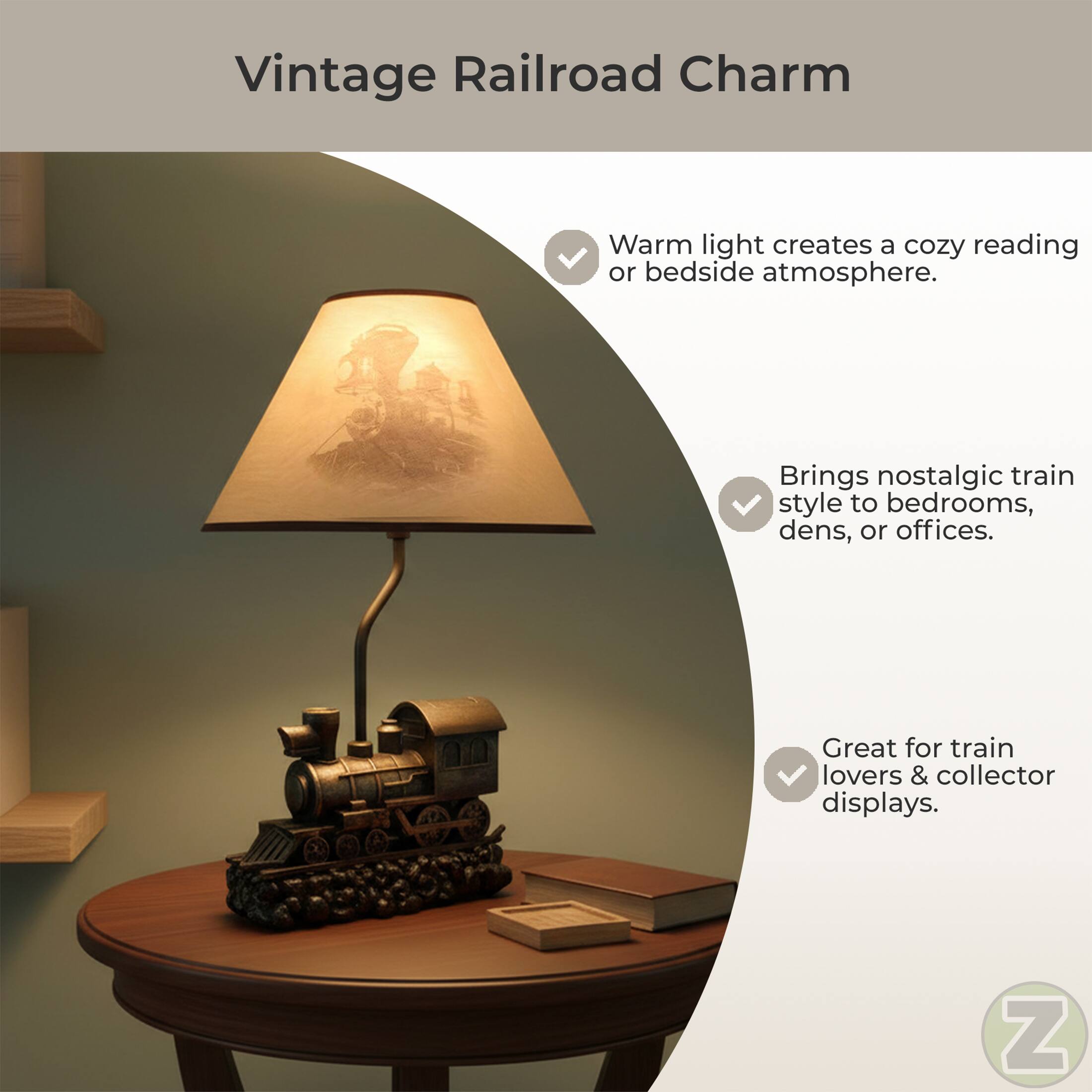 Vintage Railroad Charm

Warm light creates a cozy reading or bedside atmosphere.

Brings nostalgic train style to bedrooms, dens, or offices.

Great for train lovers & collector displays.
