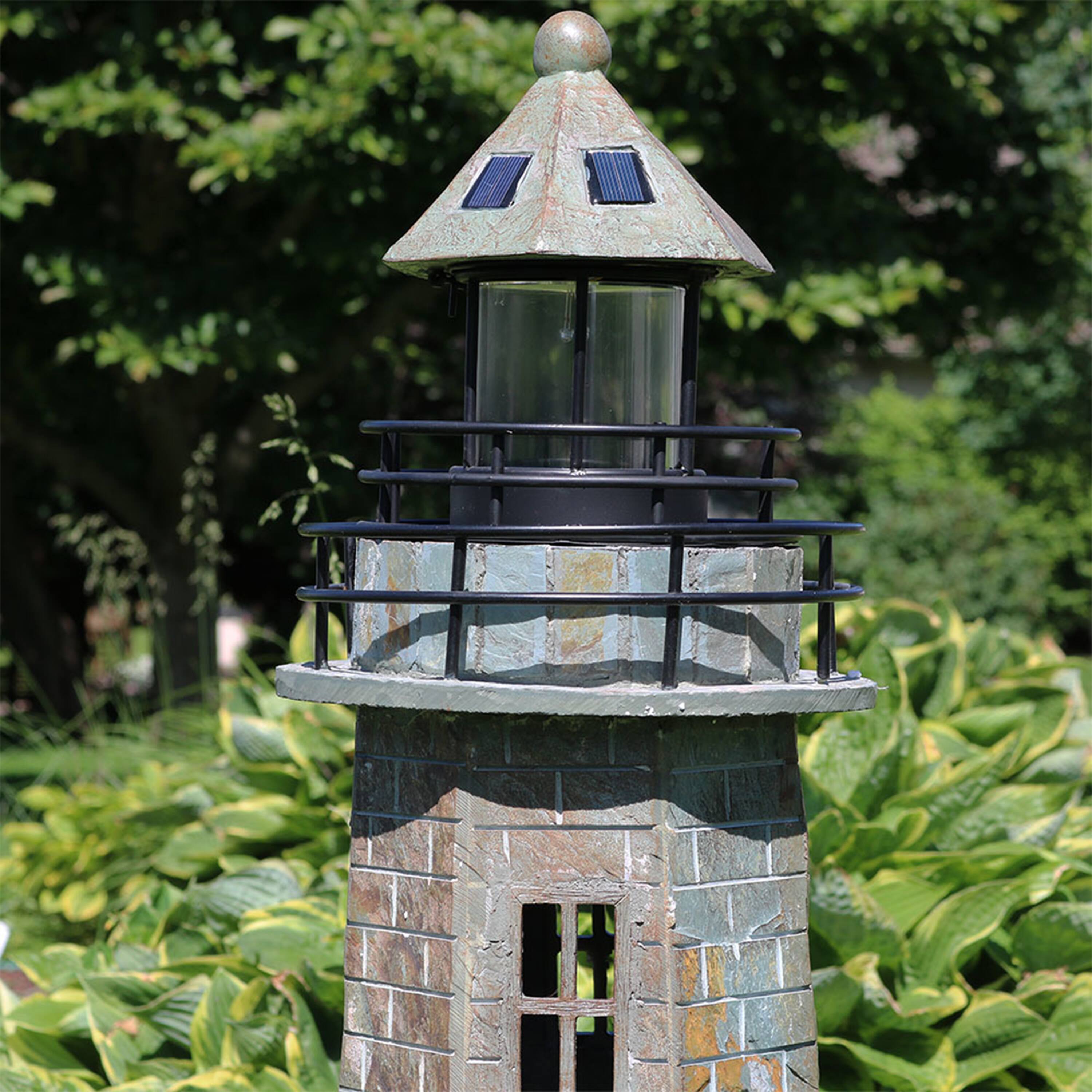Alt View 5. Sunnydaze - 35 in Resin and Stone Solar LED Lighthouse Nautical Statue - Grey.