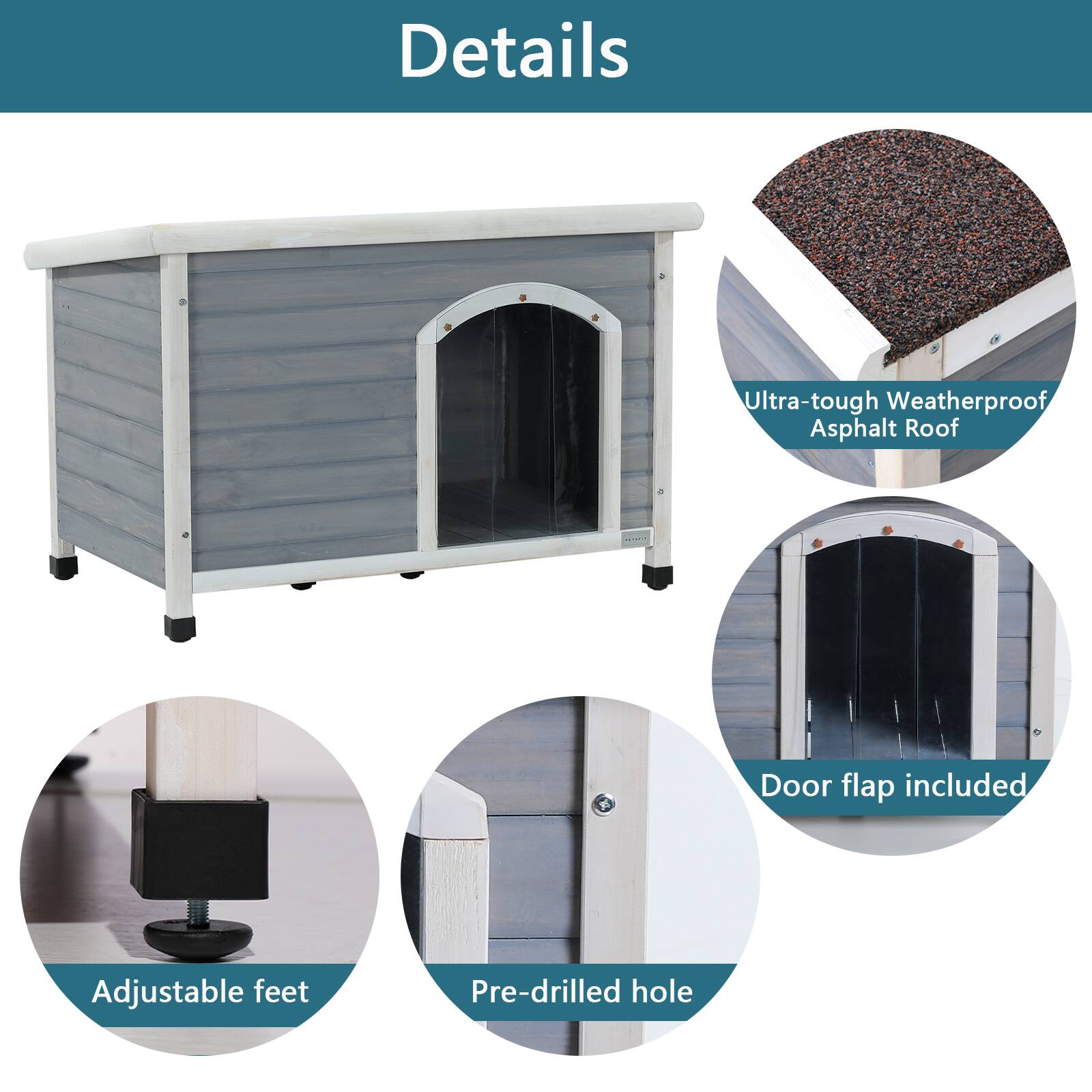 Details  
- Ultra-tough Weatherproof Asphalt Roof  
- Door flap included  
- Adjustable feet  
- Pre-drilled hole