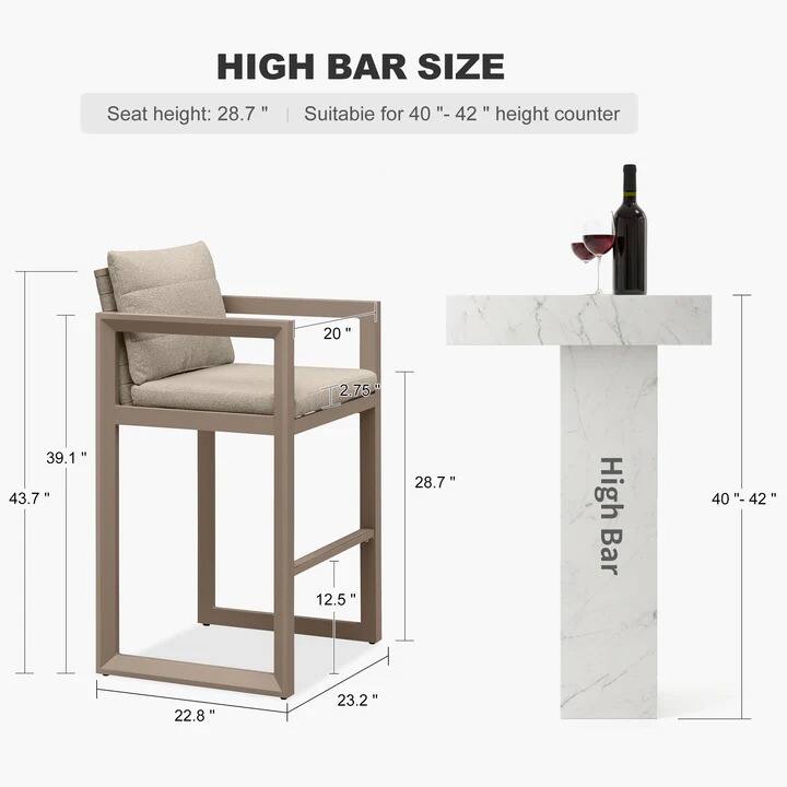 HIGH BAR SIZE  
Seat height: 28.7"  
Suitable for 40"-42" height counter  

- 20"  
- 2.75"  
- 39.1"  
- 43.7"  
- 12.5"  
- 28.7"  
- High Bar  
- 40"-42"  
- 22.8"  
- 23.2"