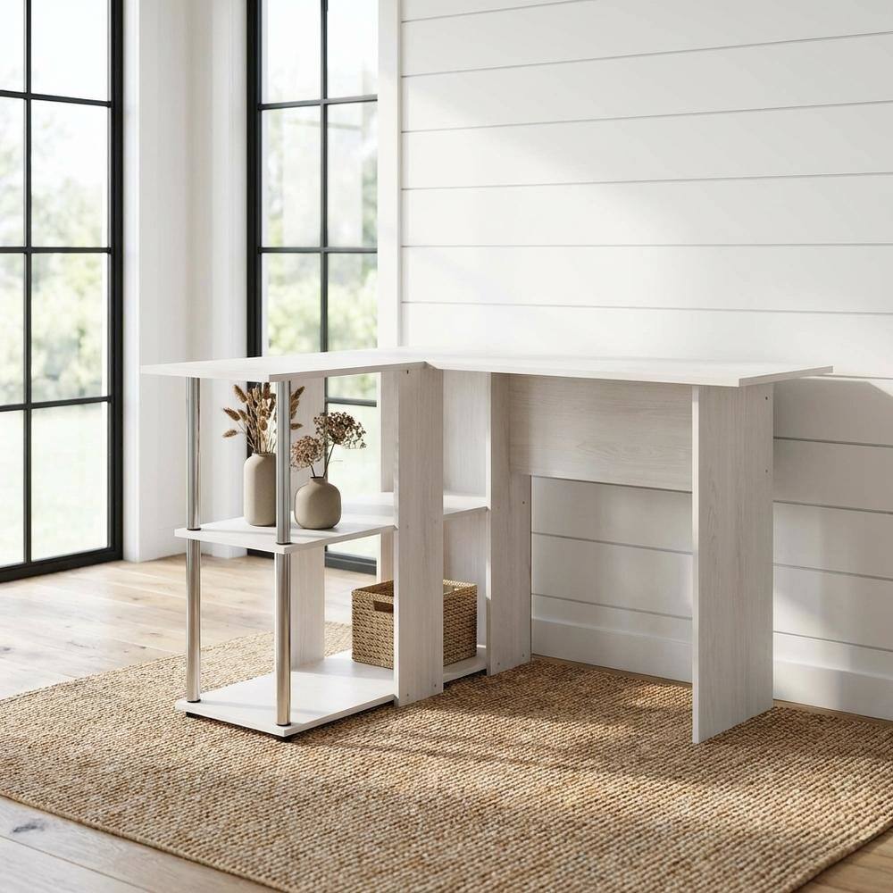 Angle. BisonOffice - White Oak L-Shape Desk, Bookshelf And Stainless Steel Tubes For Office Spaces - White Oak/Chrome.