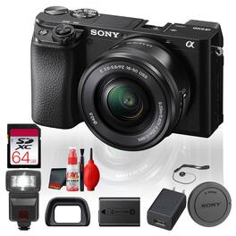 Sony - Alpha a6100 Mirrorless Digital Camera (ILCE6100L/B) with 16-50mm Lens With Flash, 64GB and More - Base Bundle