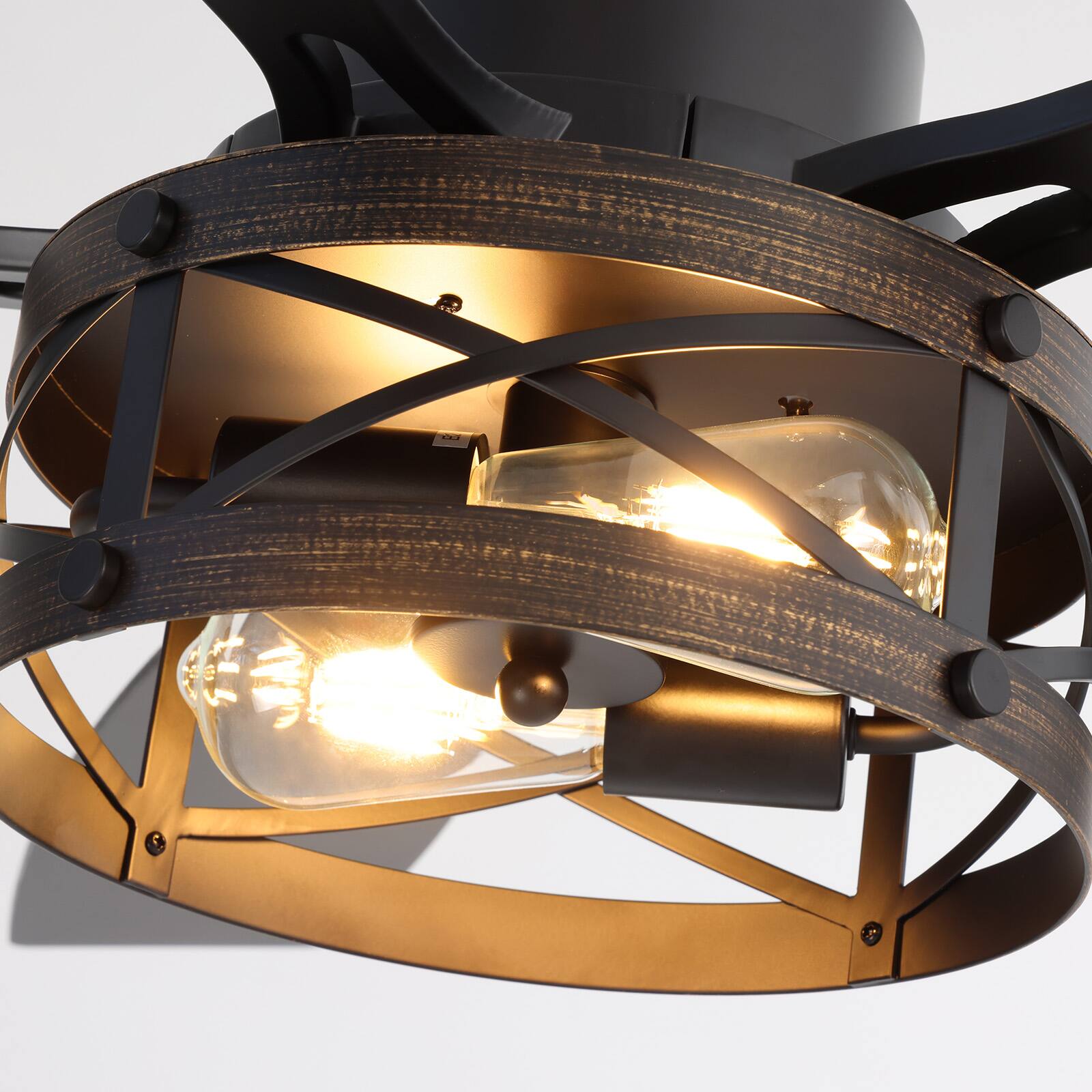 Alt View 2. Siljoy - 52-in Rustic Cage Ceiling Fan with Walnut or Black Color Blades Ceiling Fan With Light - Remote Included ( 5-Blade ) - Black and Gold Accents.