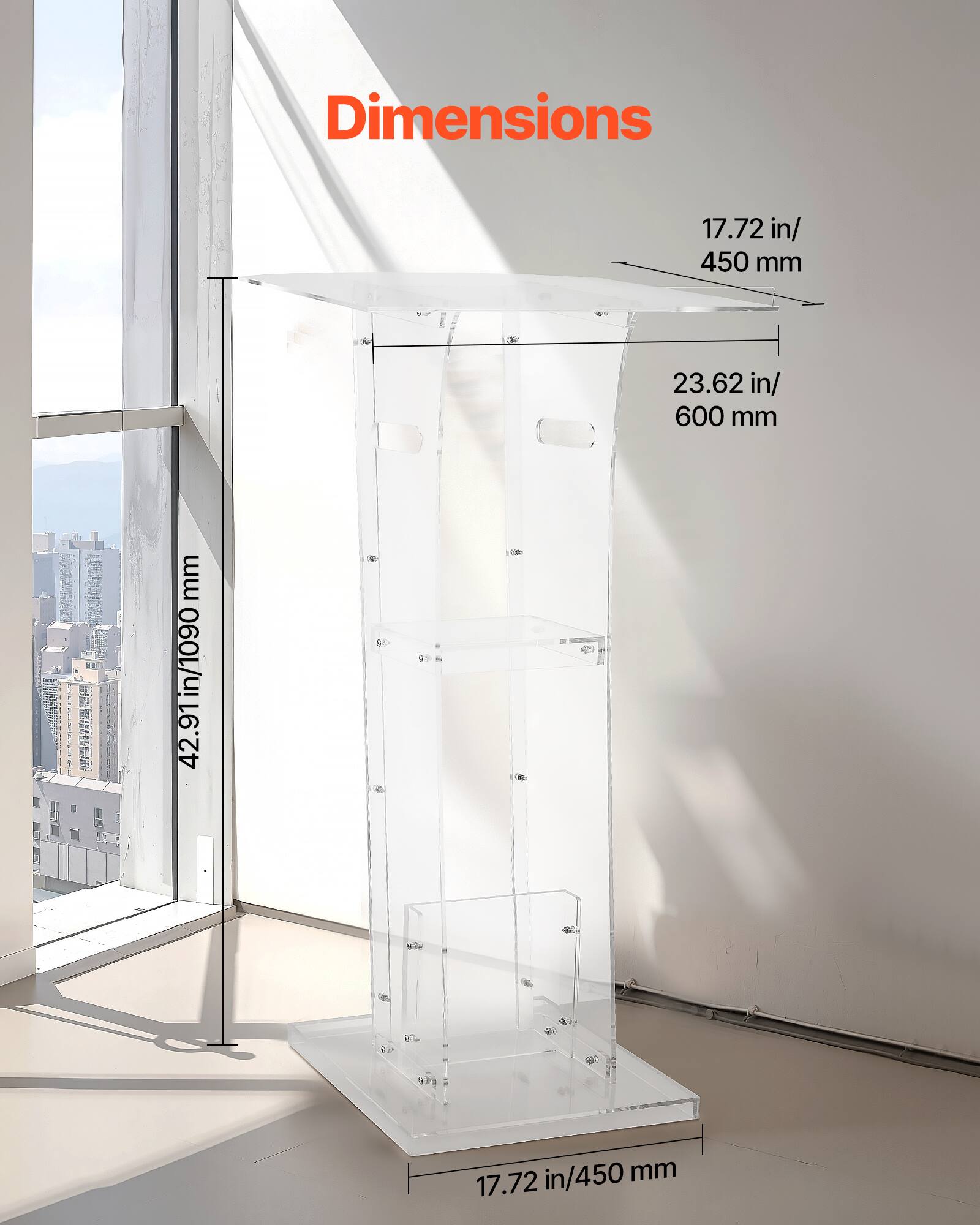 Dimensions

- Height: 42.91 in / 1090 mm
- Width: 23.62 in / 600 mm
- Depth: 17.72 in / 450 mm