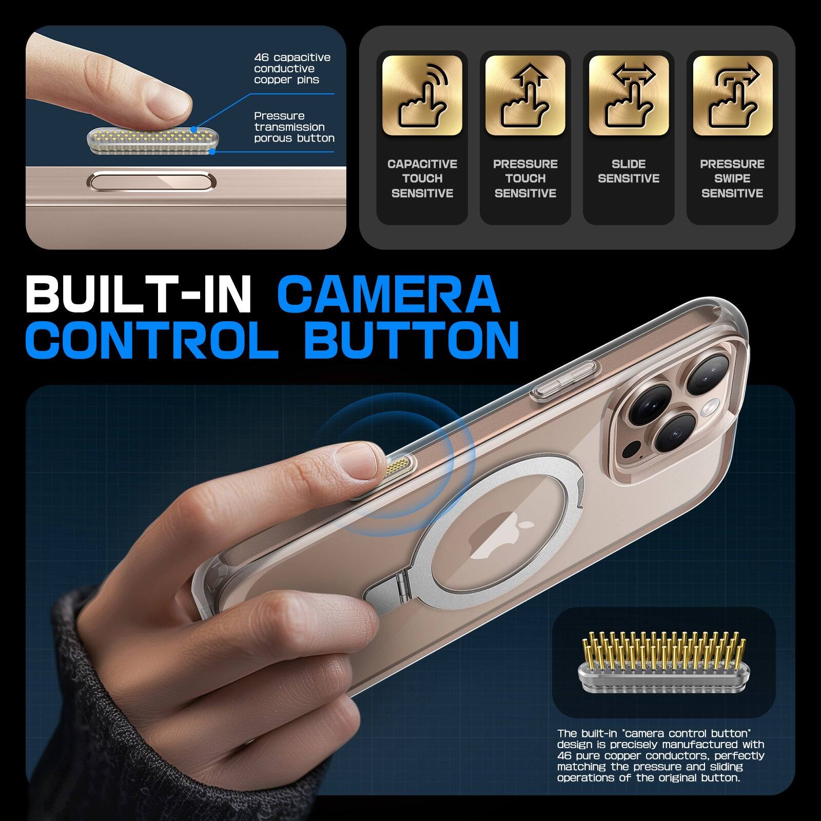 The built-in camera control button design is precisely manufactured with 46 pure copper conductors, perfectly matching the pressure and sliding operations of the original button. It features 46 capacitive conductive copper pins for pressure transmission and a porous button. The button is capacitive, pressure touch, and slide sensitive.