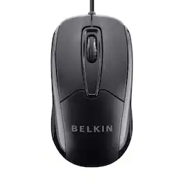 Belkin - 3-Button Wired USB Optical Mouse, 800 DPI, Ambidextrous Ergonomic, 5-Foot Cord, Plug-and-Play, PC/Mac Compatible - Wired - Black