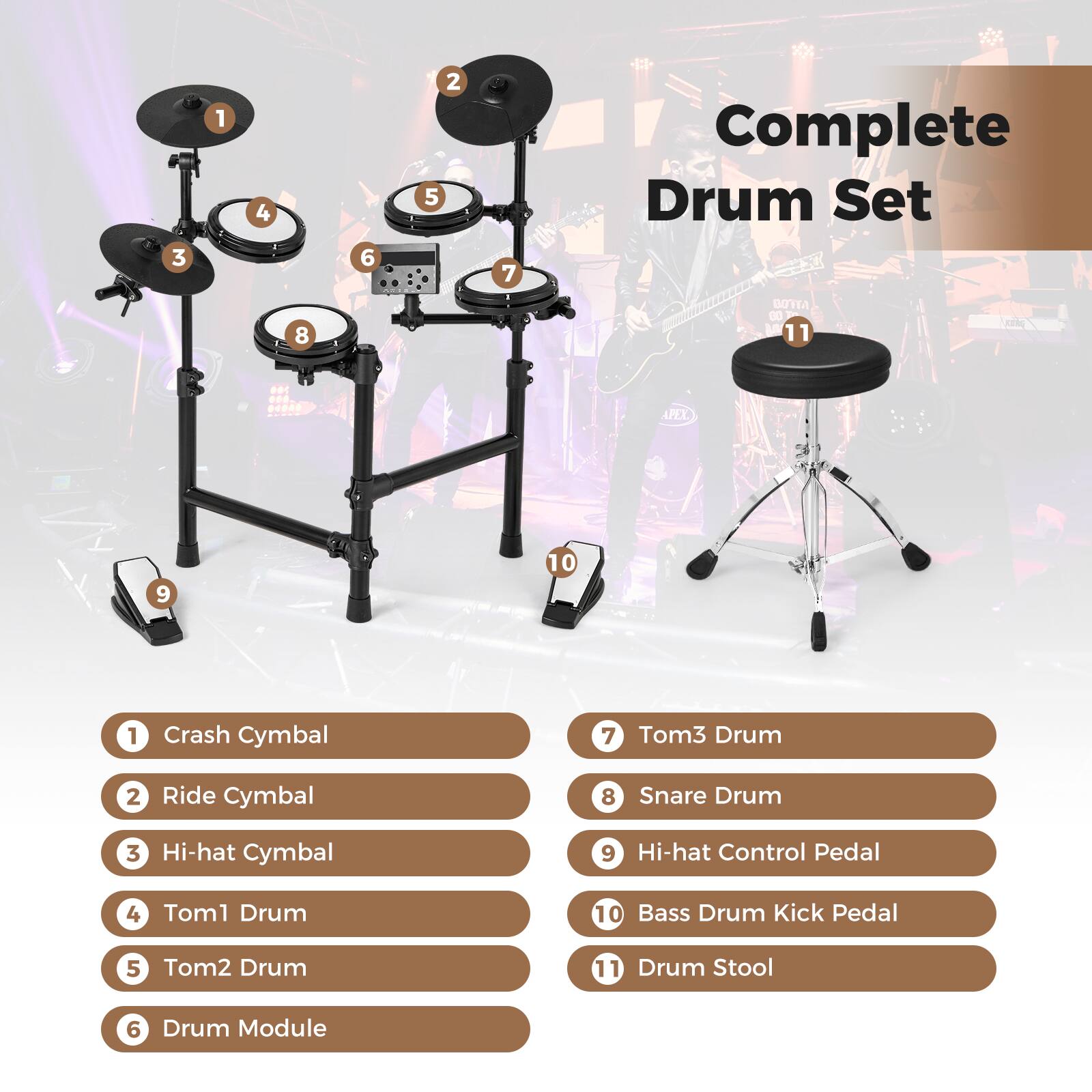 3 1 4 6 2 5 7 Complete Drum Set 8 DA 00 M 11 ... APEX 9 10 1 Crash Cymbal 7 Tom3 Drum 2 Ride Cymbal 8 Snare Drum 3 Hi-hat Cymbal 9 Hi-hat Control Pedal 4 Tom1 Drum 10 Bass Drum Kick Pedal 5 Tom2 Drum 11 Drum Stool 6 Drum Module