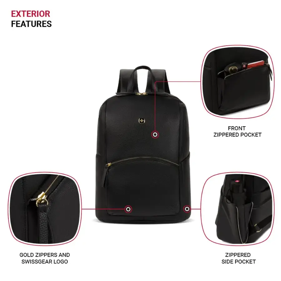 EXTERIOR FEATURES: FRONT ZIPPERED POCKET, GOLD ZIPPERS AND SWISSGEAR LOGO, ZIPPERED SIDE POCKET.