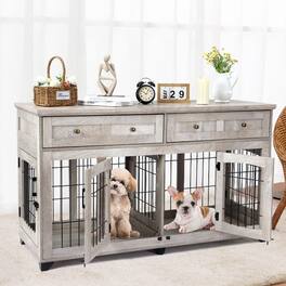 Acekool - Double Dog Crate Furniture for Large and Medium Breeds, Pet Cage Table with Storage Drawers, 58" TV Stand, Grey