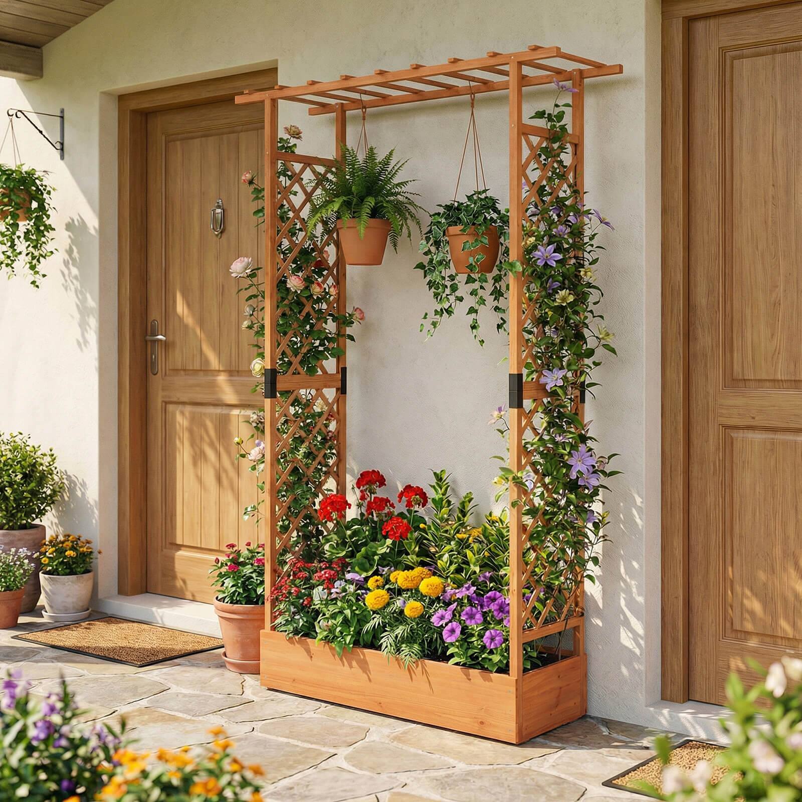 Alt View 3. Costway - Costway 1 PCS 89" Wooden Raised Garden Bed with Trellis & Hanging Roof, Drainage Holes for Patio - Orange.