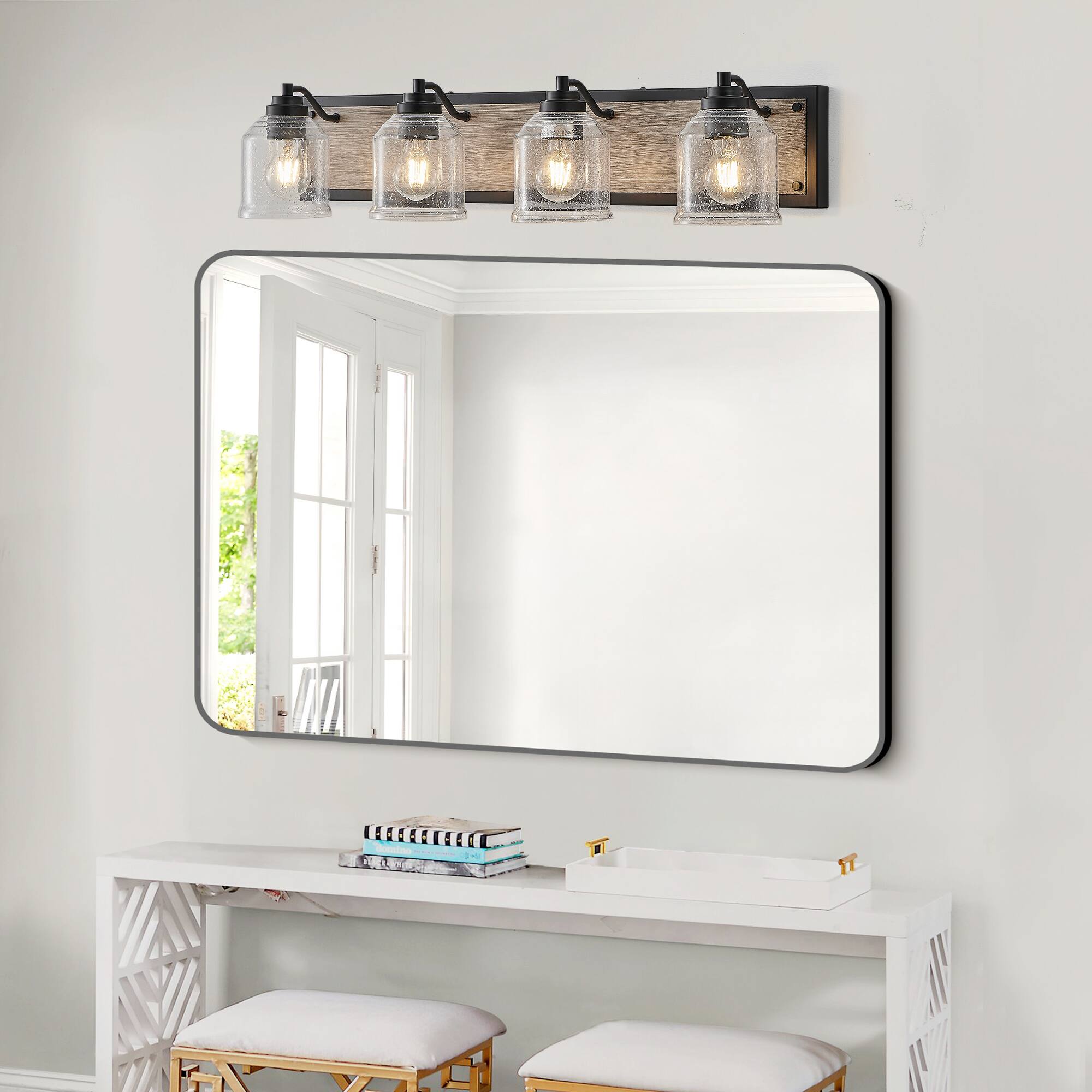 Left. APRILSOUL - 32 Inch Vanity Light Fixture 4-Light Bathroom Wall Sconce with Clear Seeded Glass Shades Black and Wood Grain No Bulbs.