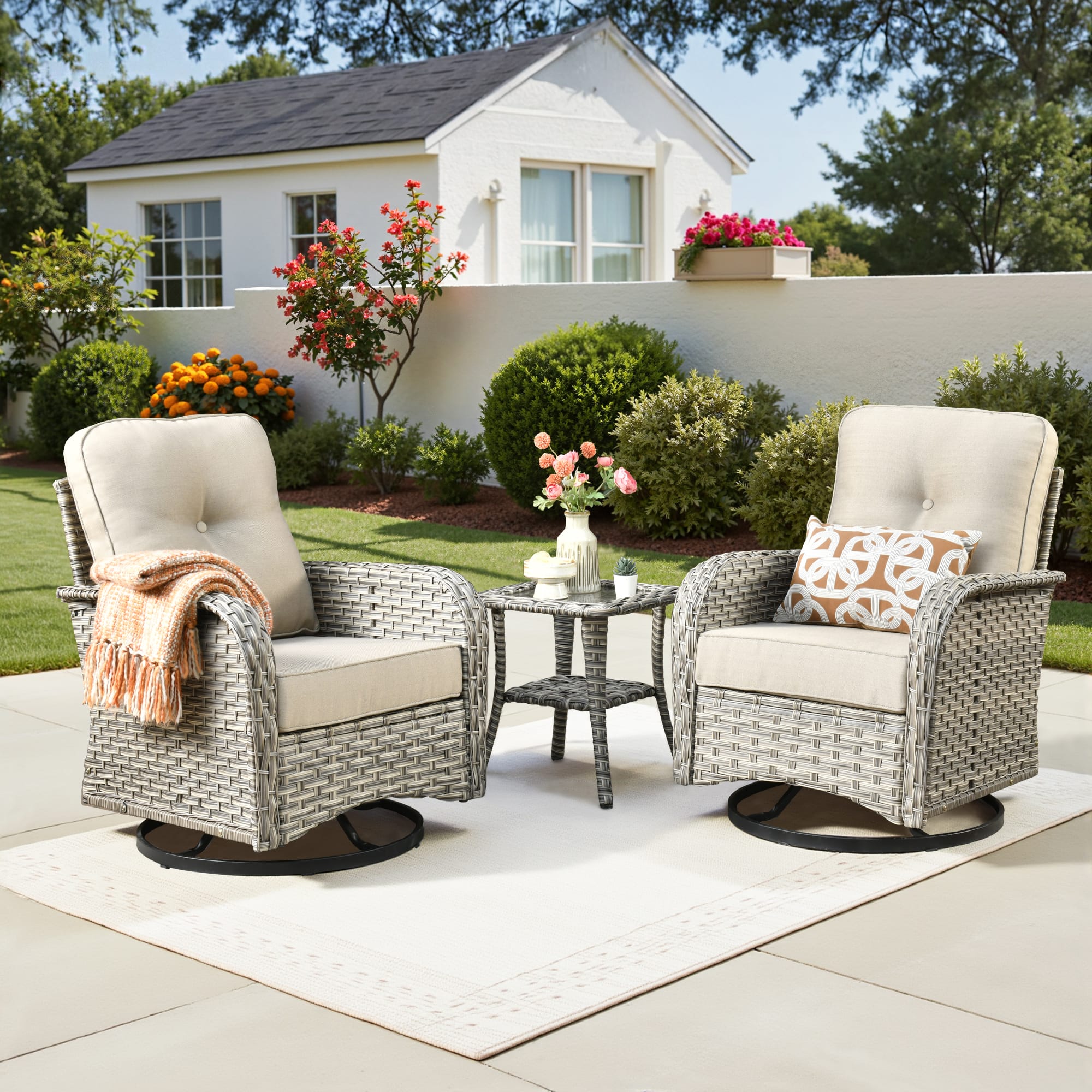 Ovios - 3 PCS Patio Rocker Set, Wicker Rocking Chairs, Rattan Swivel Chairs with Side Table - Beige