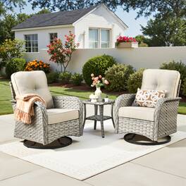 Ovios - 3 PCS Patio Rocker Set, Wicker Rocking Chairs, Rattan Swivel Chairs with Side Table - Beige