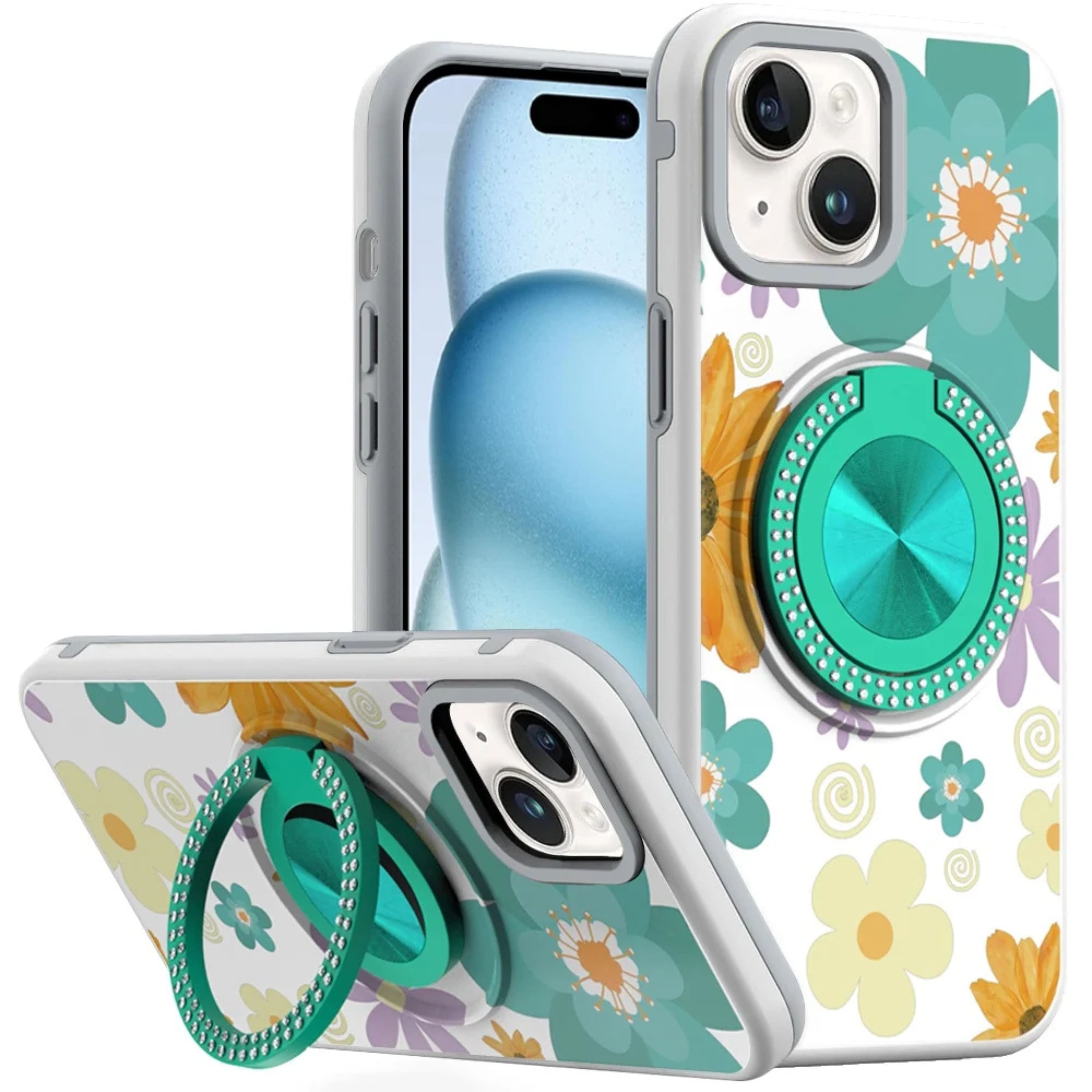 Kitcheniva - Printed Bling 360 Rotating Ring Stand Phone Case With 2 Tempered Glass For iPhone 15 Yellow Purple Flower - White price history on PriceWatchPro