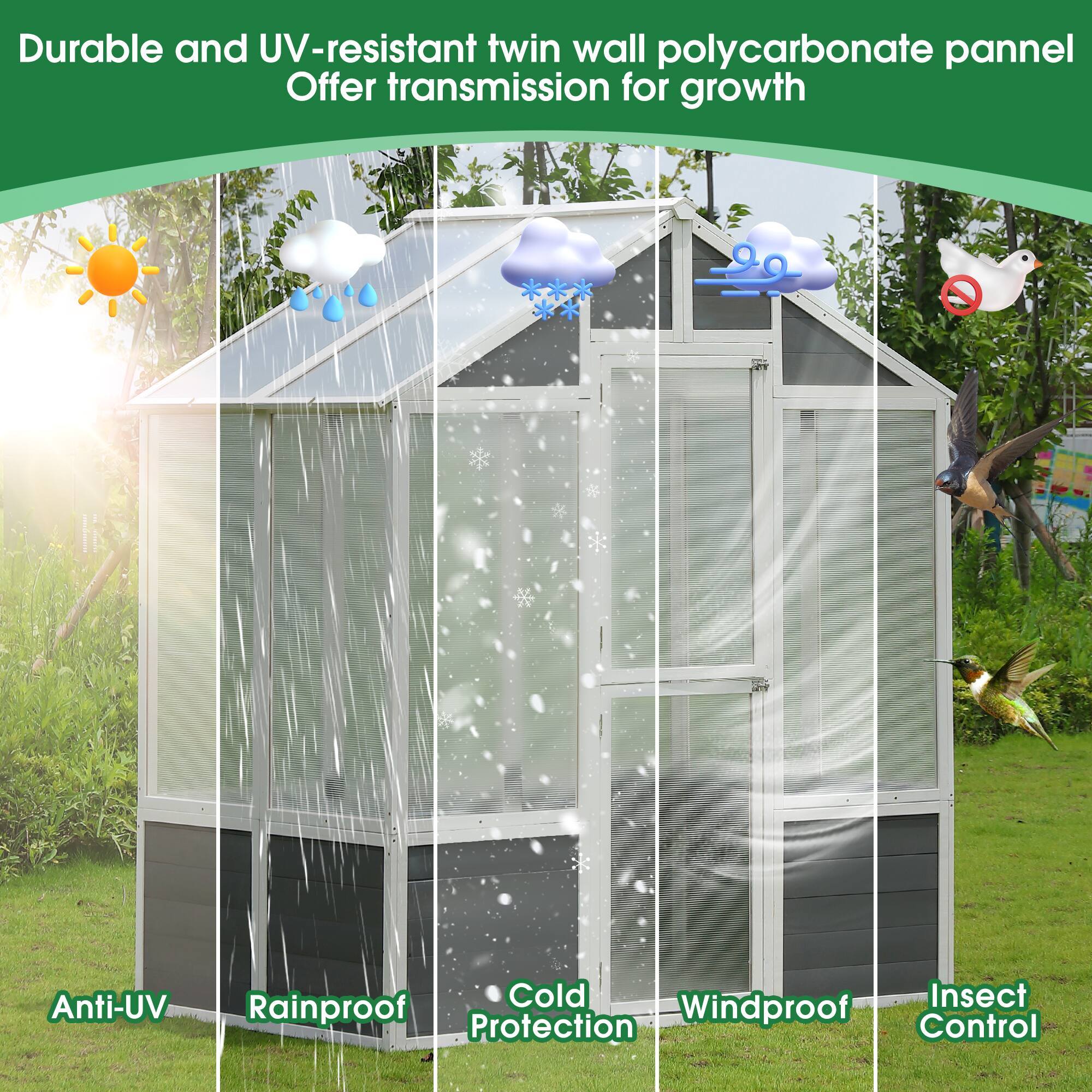 Left. TinyHomie - Wooden Greenhouse Polycarbonate Garden Shed for Plants 76FT x 48FT x 86FT Walk-in Outdoor Plant Gardening Greenhouse.