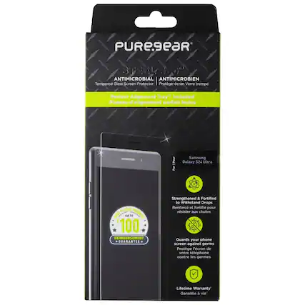 PUREgeaR STEEL 380" ANTIMICROBIAL ANTIMICROBIEN Tempered Glass Screen Protector I Protge-cran Verre tremp Perfect Alignment Tray" Included Plateau d'alignement parfait inclus Peur For Samsung Galaxy S24 Ultra PLEDGE PURE up to PROGRAM 100 REIMBURSEMENT GUARANTEE Strengthened & Fortified to Withstand Drops Renforc et fortifi pour rsister aux chutes Guards your phone screen against germs Protge l'cran de votre tlphone contre les germes Lifetime Warranty Garantie vie