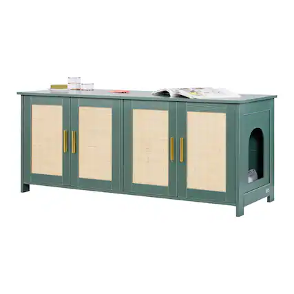 Front. VEVOR - Cat Litter Box Enclosure for Multi Cats, 47.2 in Hidden Litter Box Cabinet with 4 Rattan Doors & 2 Entries - Retro Green + Rattan Doors + Gold Handles.
