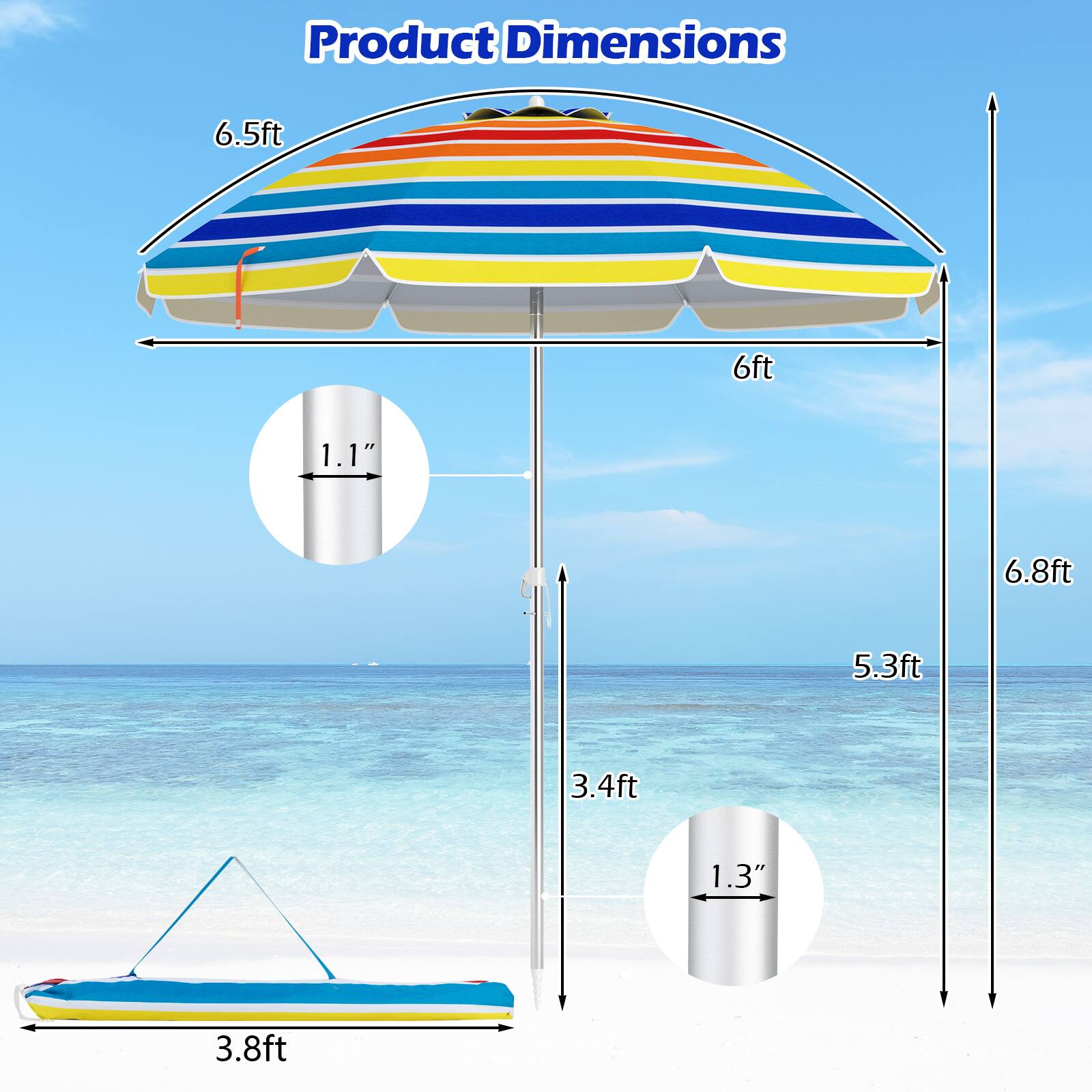 Gymax 6.5 FT Beach Umbrella UPF50+ Sun Protection Portable