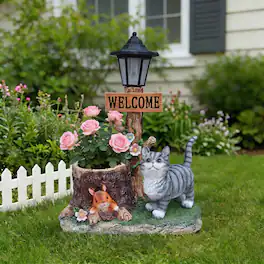 Anysun - Cat Solar Planter Statue for Outdoor Decor – Cute Garden Sculpture with Built‑In LED Light and Flower Pot - Brown