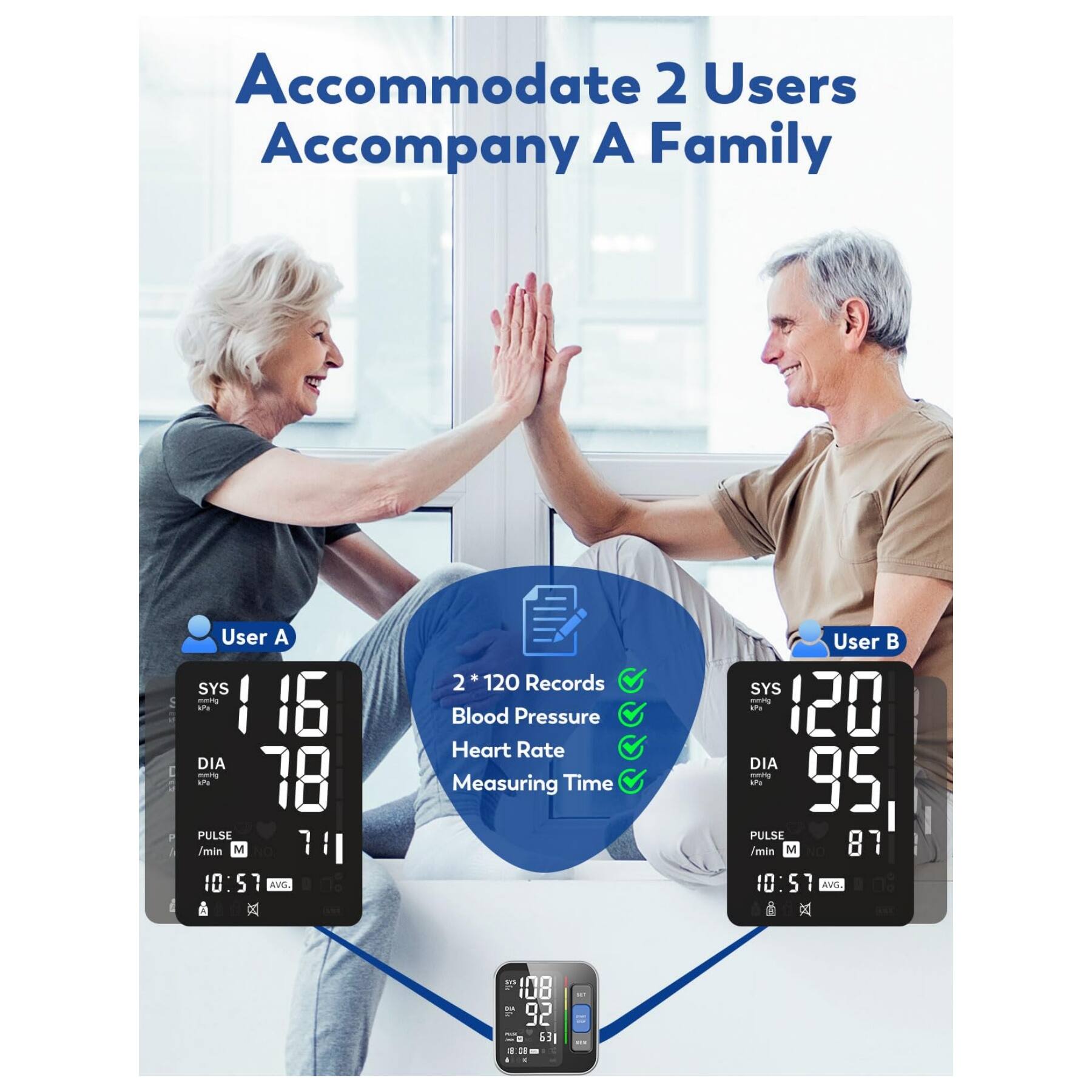Accommodate 2 Users  
Accompany A Family  

User A  
SYS 116  
DIA 78  
PULSE 71/min  
10:57 AVG.  

User B  
SYS 120  
DIA 95  
PULSE 87/min  
10:57 AVG.  

2 * 120 Records  
Blood Pressure  
Heart Rate  
Measuring Time