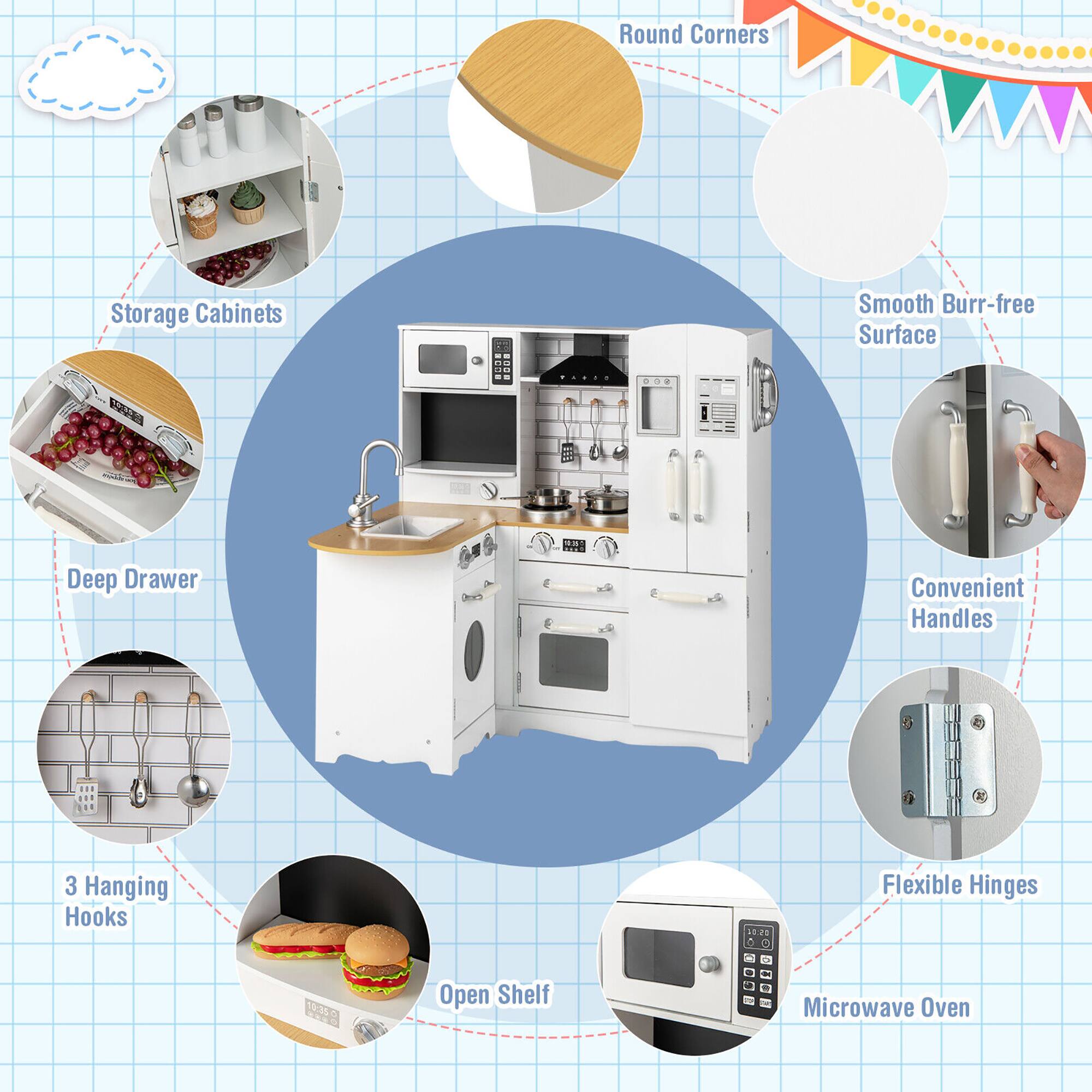 - Round Corners
- Smooth Burr-free Surface
- Convenient Handles
- Flexible Hinges
- 3 Hanging Hooks
- Open Shelf
- Deep Drawer
- Storage Cabinets
- Microwave Oven