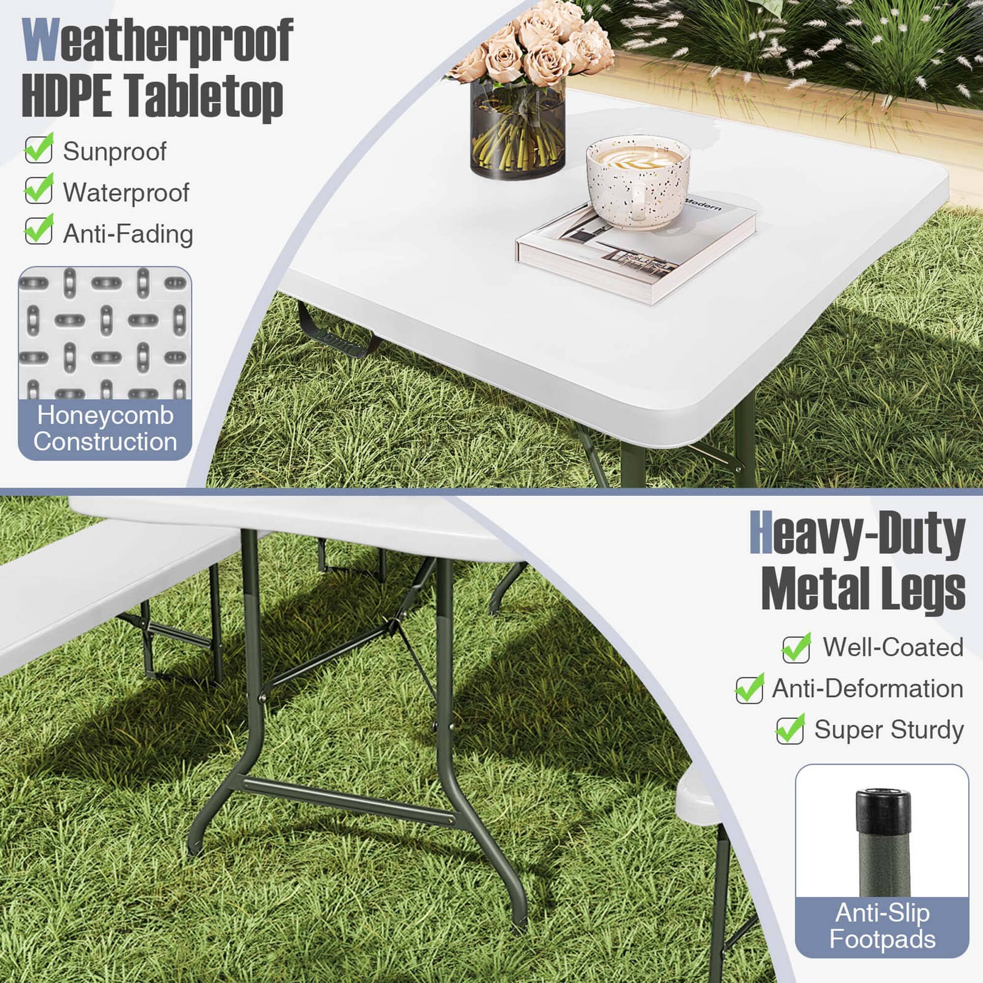 Weatherproof HDPE Tabletop  
- Sunproof  
- Waterproof  
- Anti-Fading  

Honeycomb Construction  

Heavy-Duty Metal Legs  
- Well-Coated  
- Anti-Deformation  
- Super Sturdy  

Anti-Slip Footpads