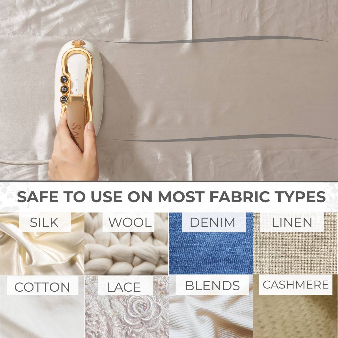 The corrected text is:

"SAFE TO USE ON MOST FABRIC TYPES: SILK, WOOL, DENIM, LINEN, COTTON, LACE, BLENDS, CASHMERE."
