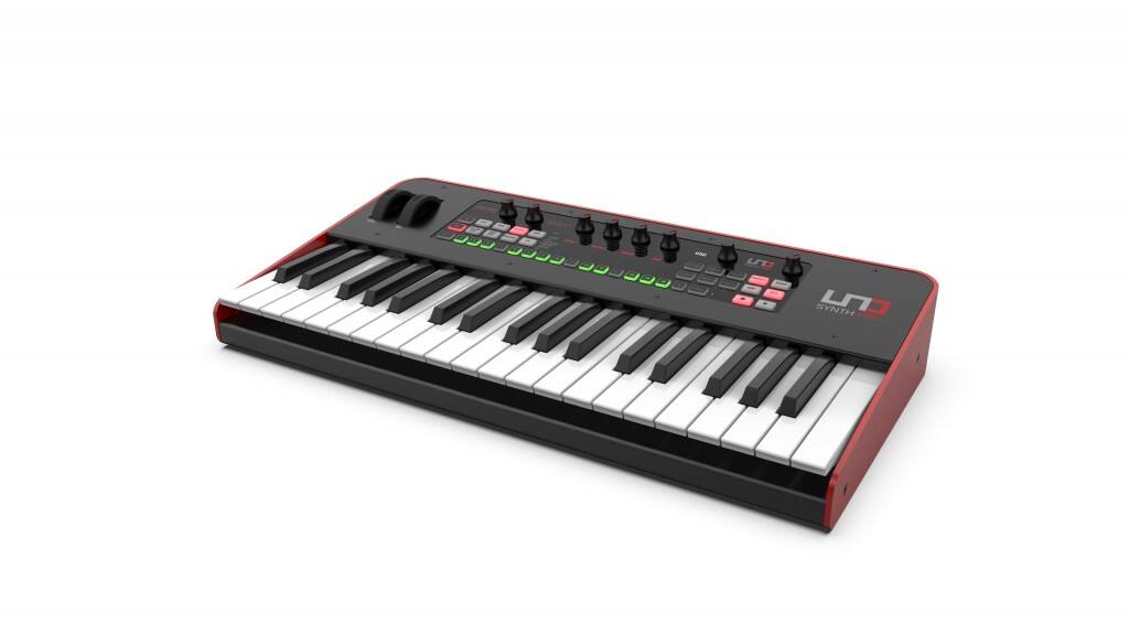 Angle. IK Multimedia - Uno Synth Pro Analog Paraphonic Synthesizer Keyboard with 37-Key Fatar Keys, MIDI, USB, CV & 256 Presets.