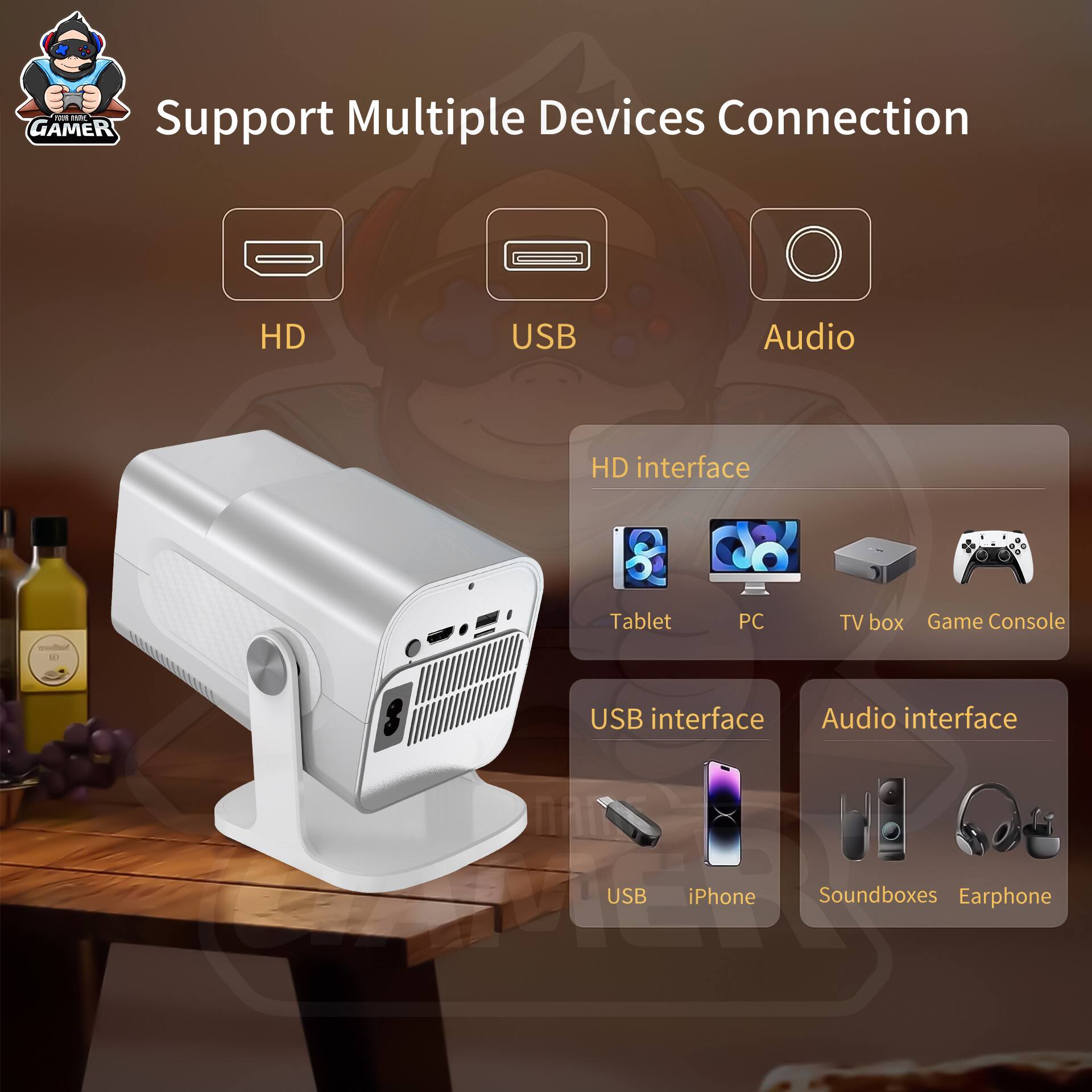 GAMER - Support Multiple Devices Connection

HD USB Audio HD interface

- Tablet
- PC
- TV box
- Game Console

41 USB interface Audio interface

- USB
- iPhone
- Soundboxes
- Earphone