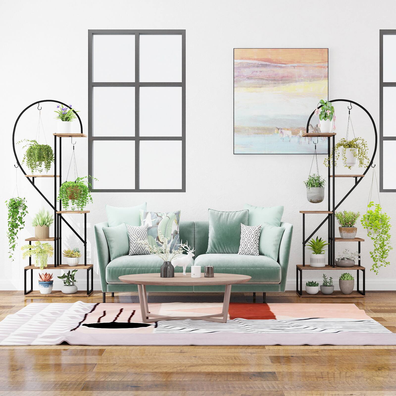 Alt View 4. Gymax - Gymax 6-Tier Metal Plant Stand w/12 Boards 6 Hanging Hooks Tall Flowerpot Display Rack - Coffee, Black.