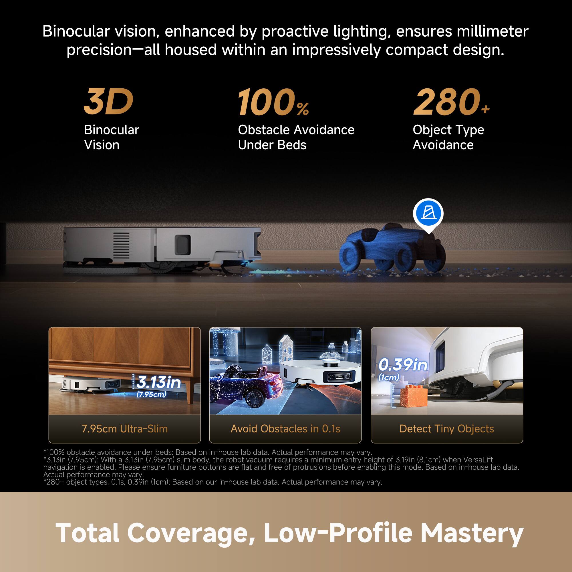 Binocular vision, enhanced by proactive lighting, ensures millimeter precision—all housed within an impressively compact design.

- **3D Binocular Vision**
- **100% Obstacle Avoidance Under Beds**
- **280+ Object Type Avoidance**

**3.13in (7.95cm)**
- 7.95cm Ultra-Slim

**0.39in (1cm)**
- Detect Tiny Objects

- Avoid Obstacles in 0.1s

*100% obstacle avoidance under beds: Based on in-house lab data. Actual performance may vary.*
*3.13in (7.95cm): With a 3.15in (7.95cm) slim body, the robot vacuum requires a minimum entry height of 3.19in (8.1cm) when VersaLift navigation is enabled. Please ensure furniture bottoms are flat and free of protrusions before enabling this mode. Based on in-house lab data. Actual performance may vary.*
*280+ object types. 0.1s. 0.39in (1cm): Based on our in-house lab data. Actual performance may vary.*

**Total